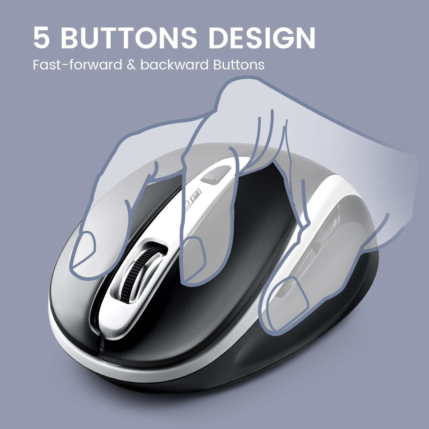 Pokazano mysz komputerową z 5 przyciskami. Grafika dłoni unosi się nad myszą. Tekst brzmi "5 Buttons Design".