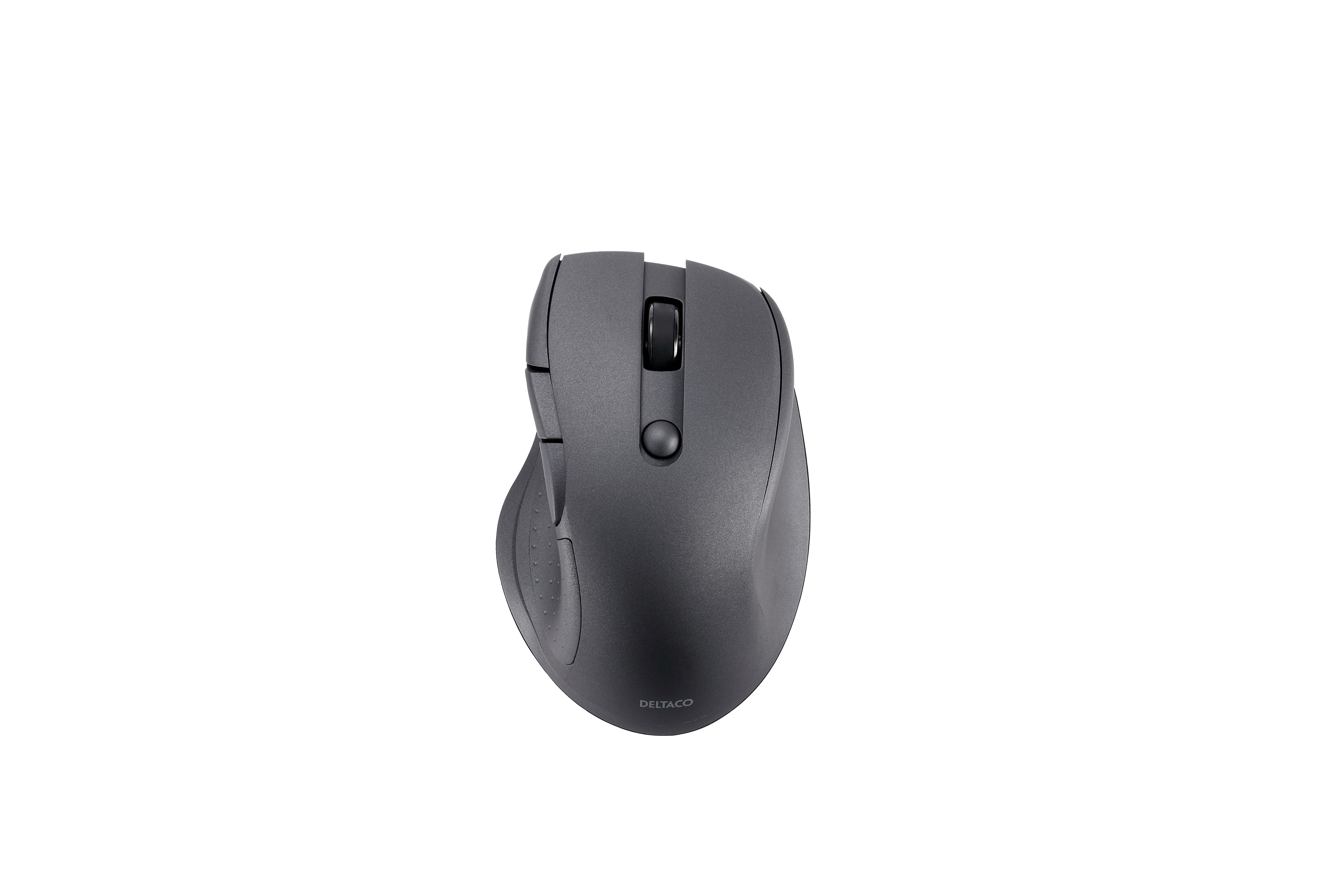 Un mouse per computer grigio scuro con una rotella e pulsanti su sfondo bianco. Il mouse ha la scritta DELTACO.