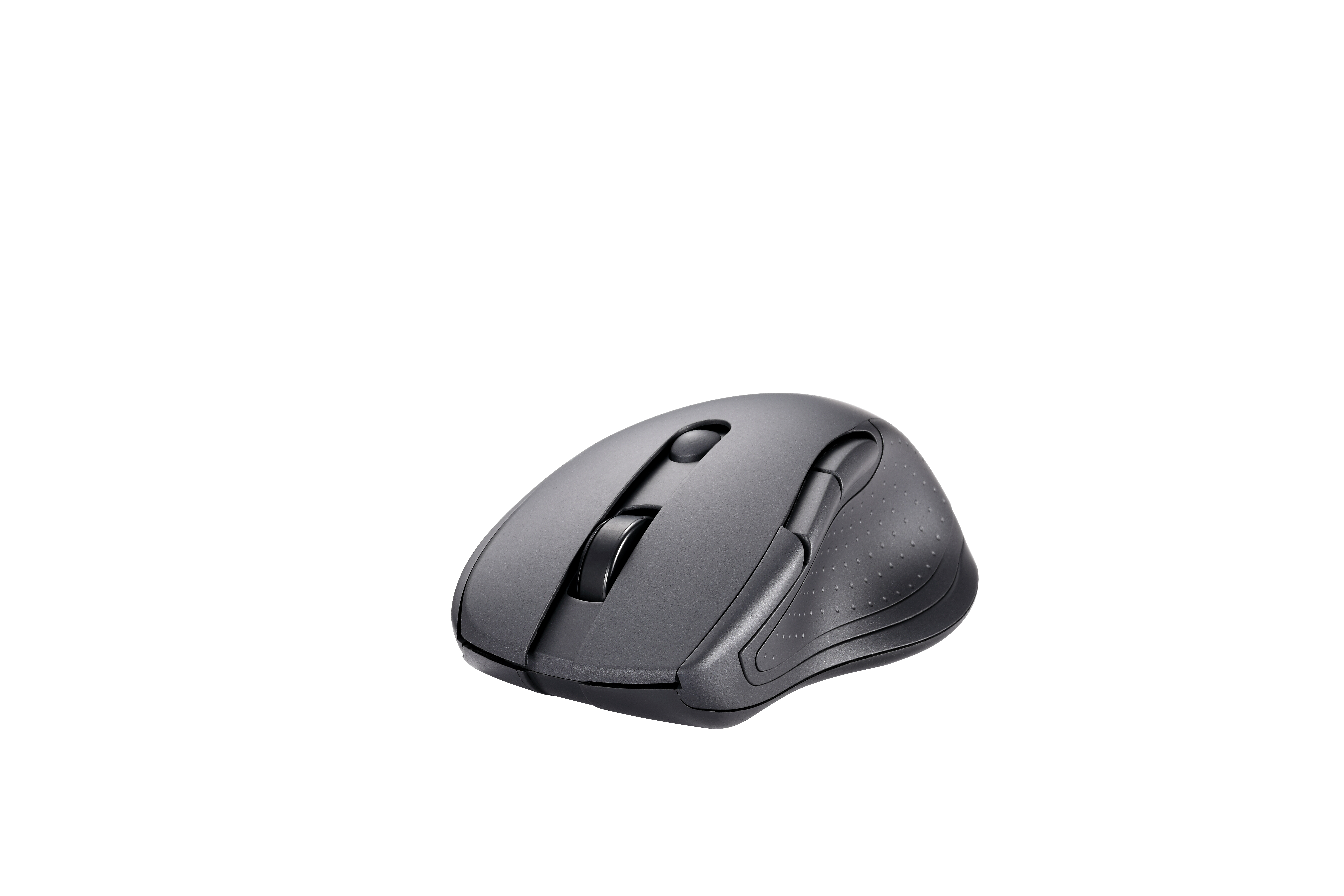 Un mouse ergonomico grigio. Presenta una rotella, pulsanti e un'impugnatura strutturata. Lo sfondo è bianco.