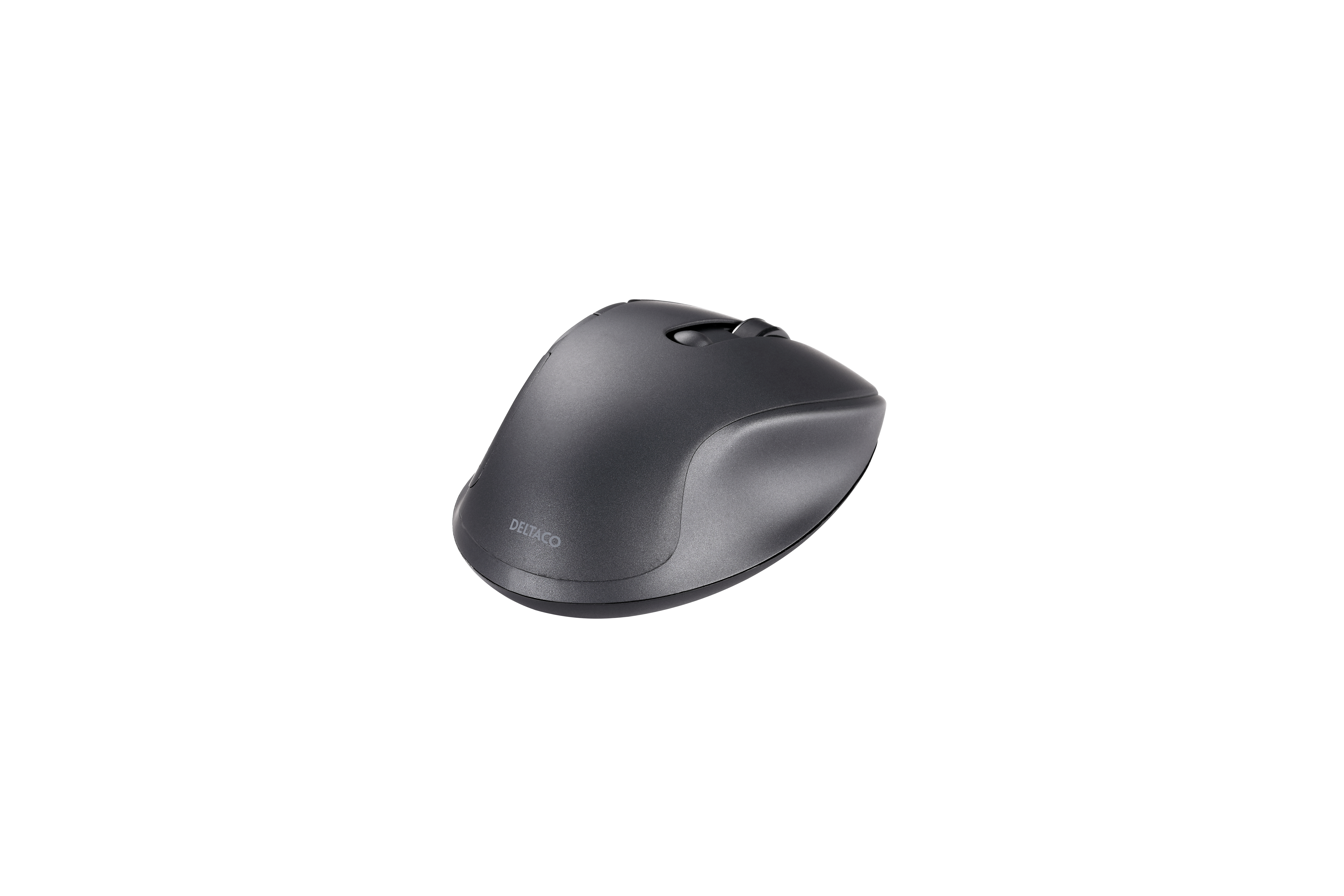 Un mouse nero con rotella di scorrimento su sfondo bianco. Il marchio DELTACO è visibile.