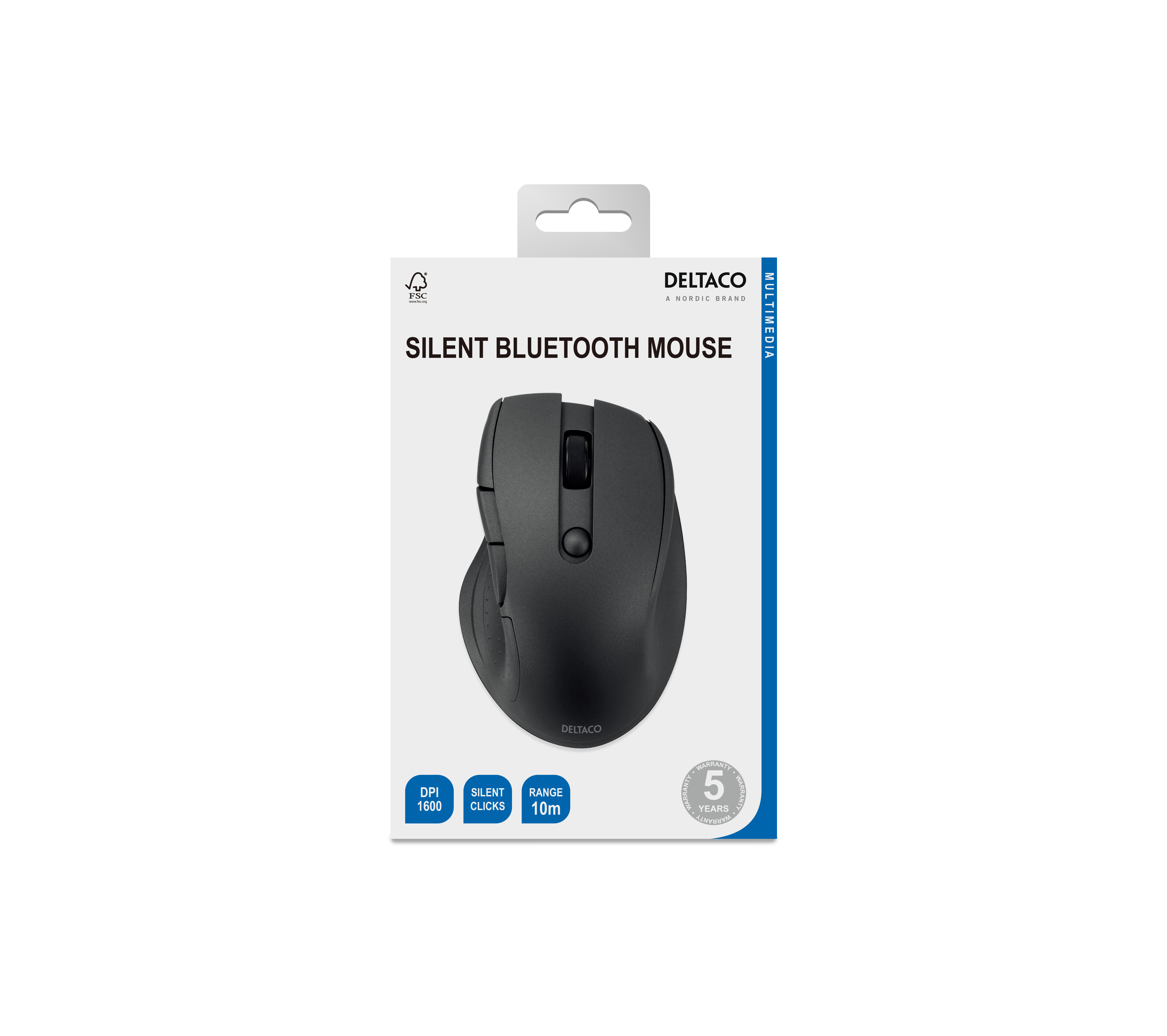 Un mouse Bluetooth silenzioso Deltaco nero in una scatola. La scatola ha dettagli sul prodotto e 5 anni di garanzia.
