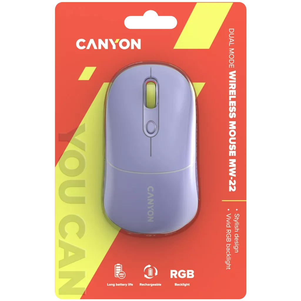 Bezprzewodowa mysz Canyon MW-22 w opakowaniu. Ma lawendowy korpus, żółte kółko przewijania, a opakowanie ma kolory pomarańczowy i żółty.