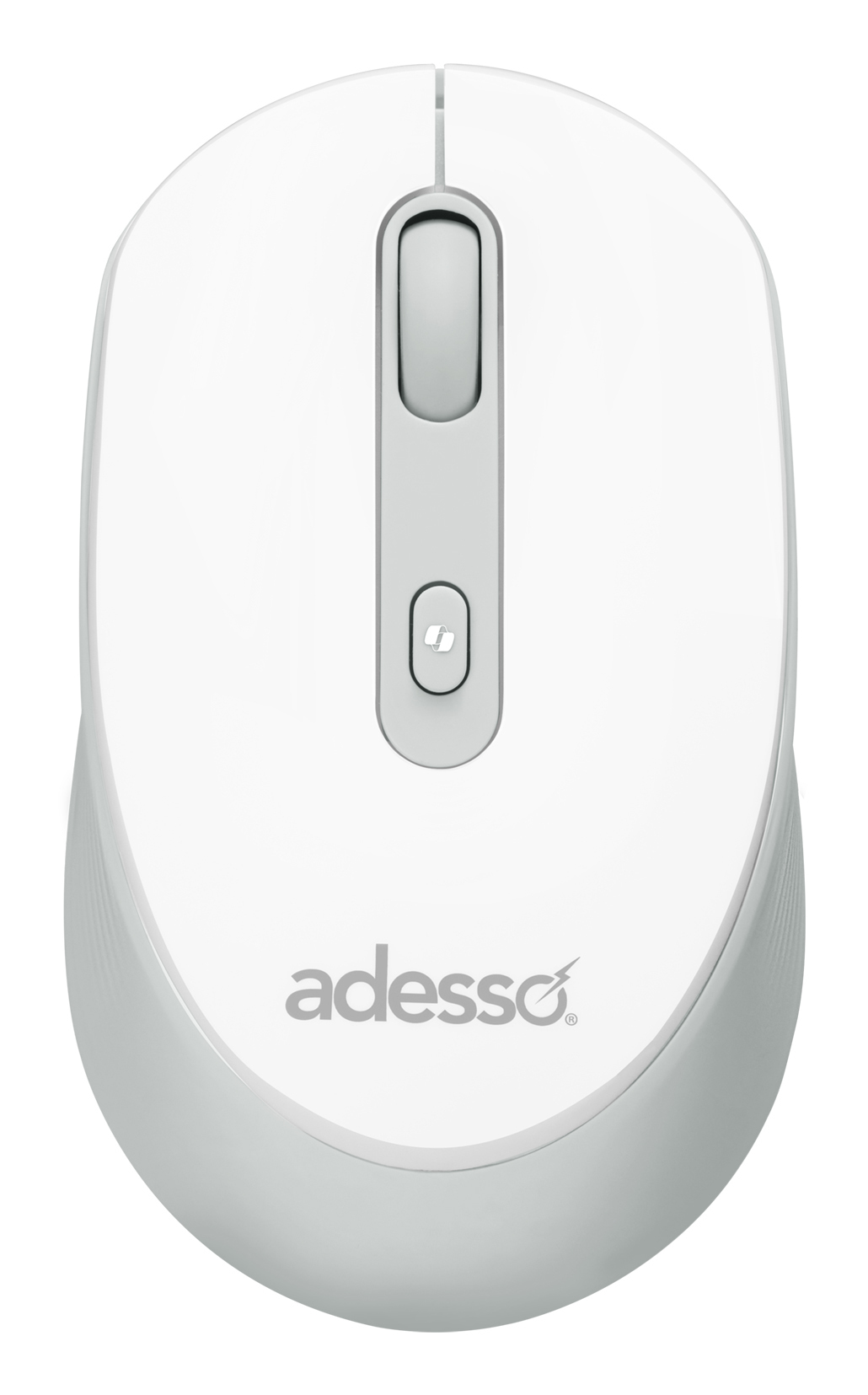Un mouse wireless Adesso bianco. Dispone di una rotellina e un pulsante. Il mouse ha una base grigio chiaro e il logo dell'azienda.