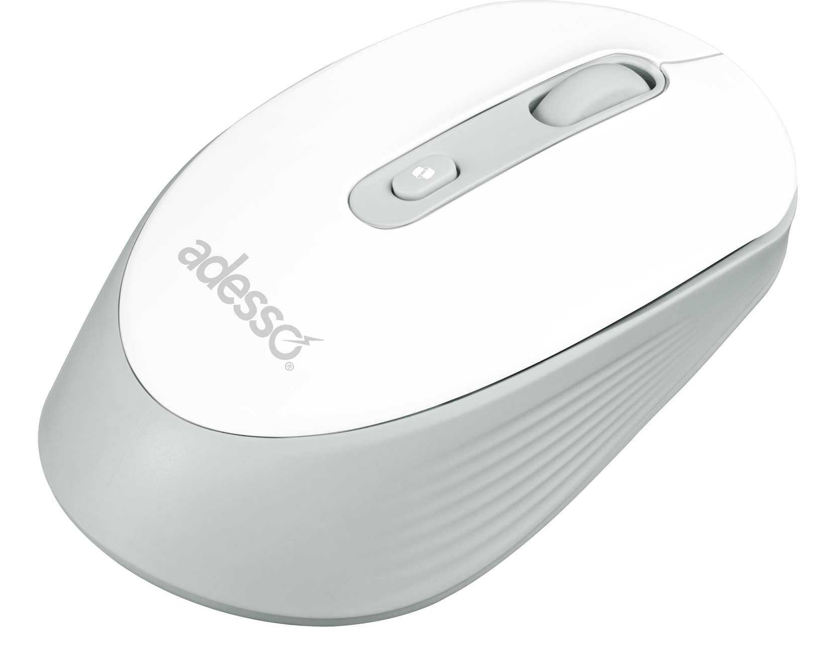 Un mouse per computer wireless bianco e grigio con rotella di scorrimento e pulsante. Il marchio 'adesso' è visibile sopra.