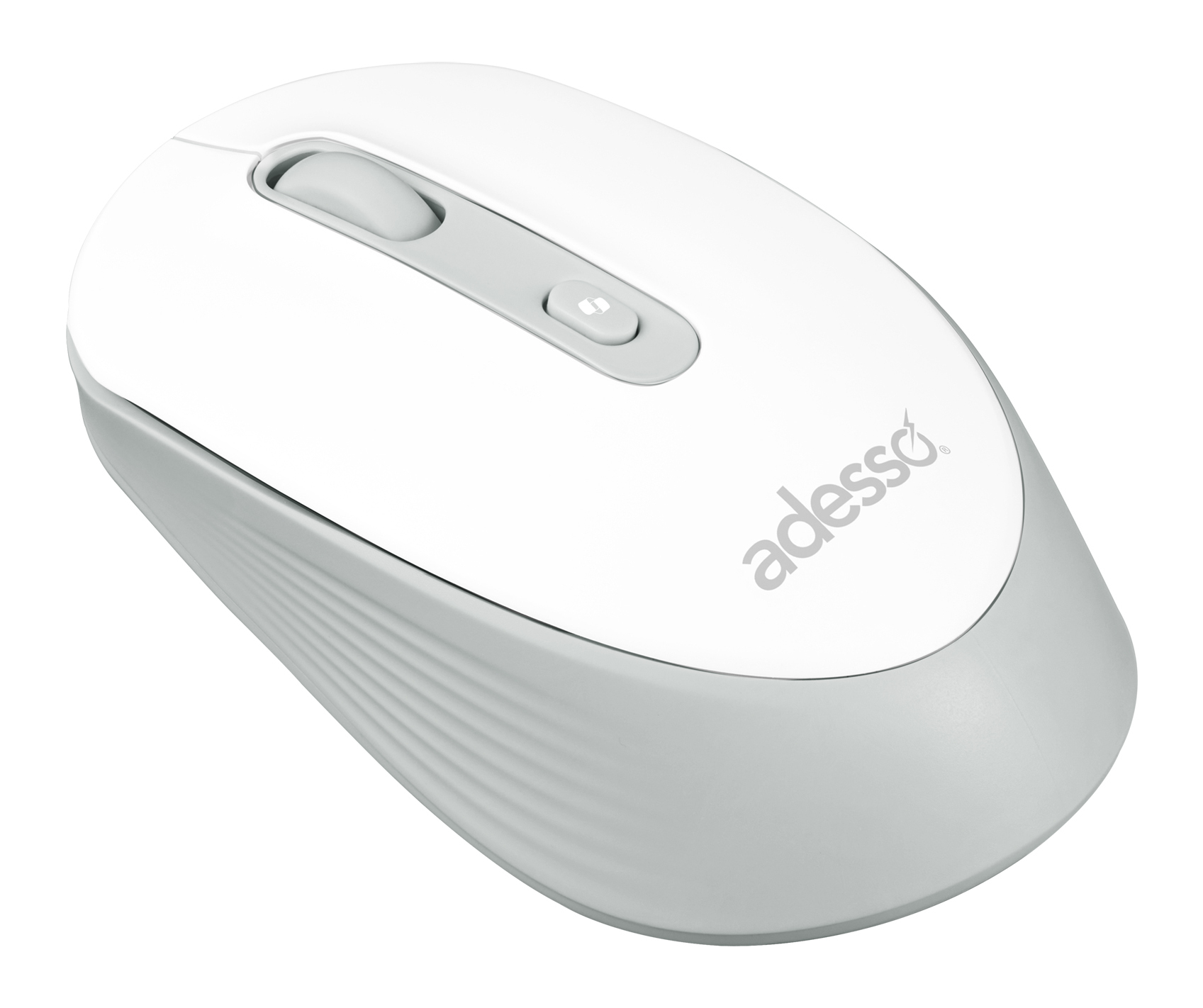 Un mouse per computer wireless bianco e grigio. Ha una rotella di scorrimento e un pulsante. Il marchio 'adesso' è stampato.
