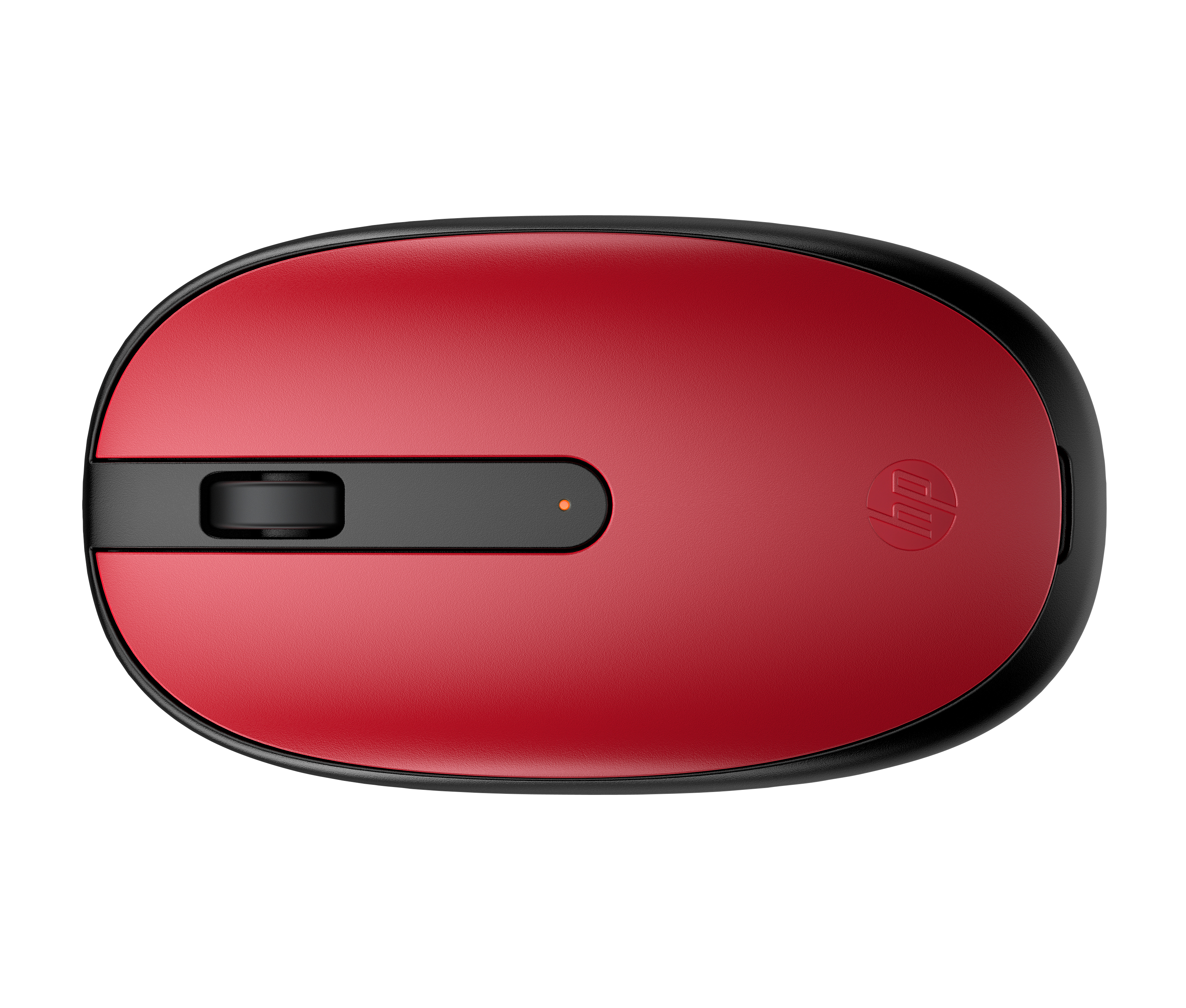 Un ratón inalámbrico HP rojo y negro. El ratón tiene una parte superior roja, lados negros y una sección negra para los botones.