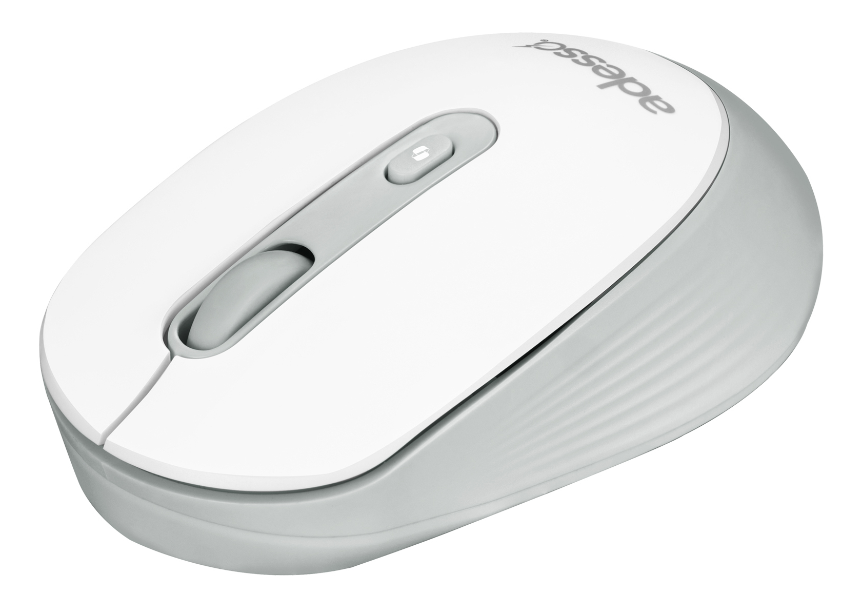 Un mouse per computer wireless bianco e grigio. Ha una rotella di scorrimento e due pulsanti. Il marchio 'adesso' è visibile.