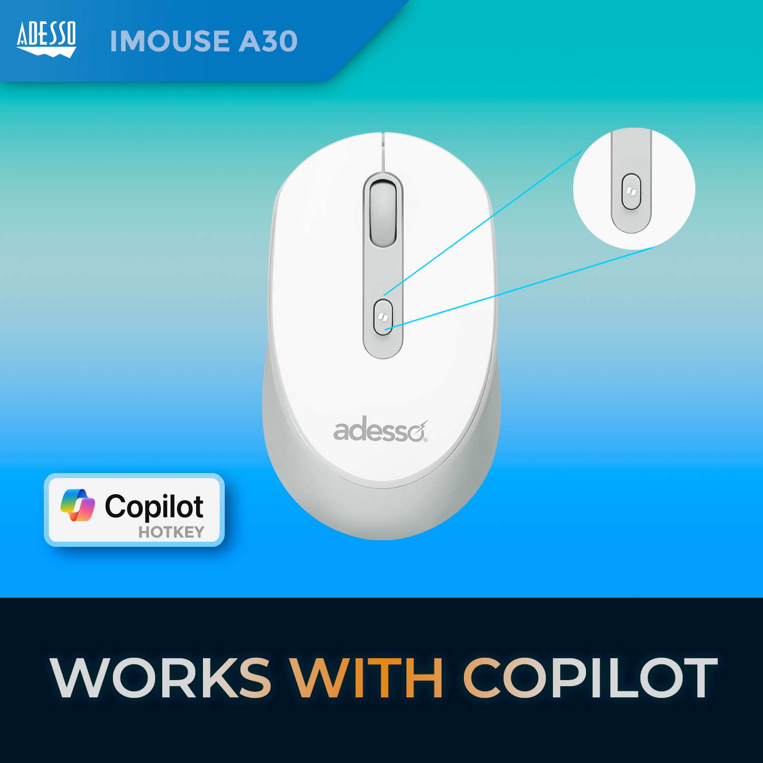 Un mouse per computer bianco con rotella e pulsanti. Il mouse è etichettato 'adesso' e 'Works With Copilot'. Sfondo sfumato blu.