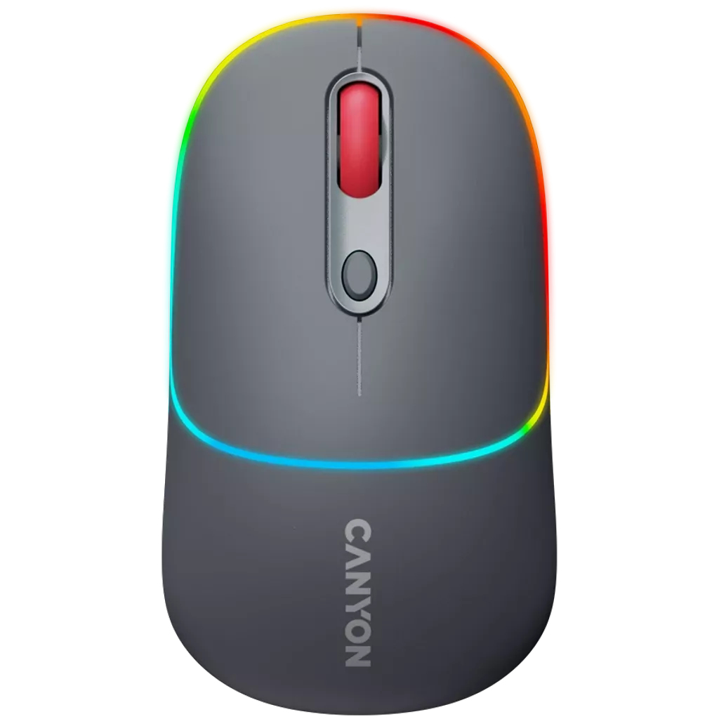 Une souris Canyon grise avec des boutons rouges et argentés. Elle a un contour LED coloré. La souris est sur fond blanc.