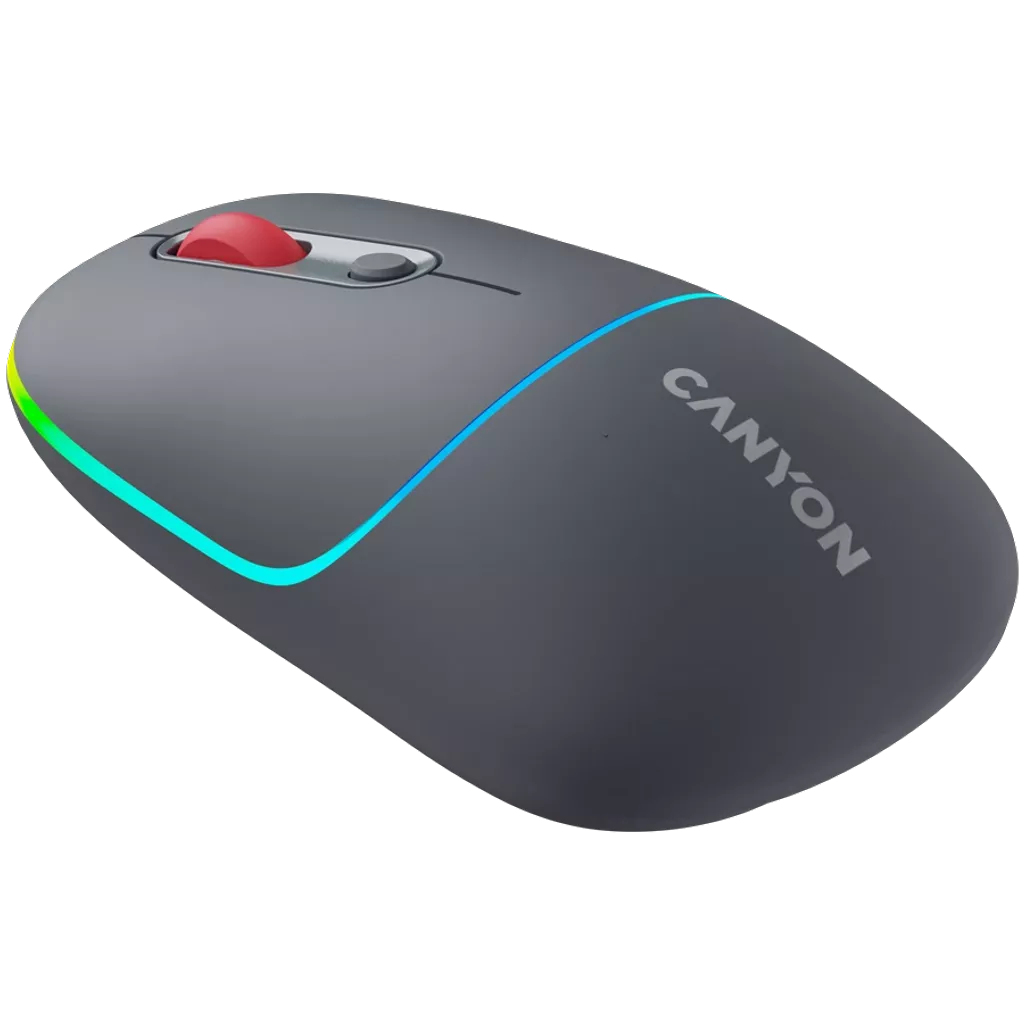 Une souris sans fil Canyon grise avec une molette rouge et une lumière bleue/verte. Le mot CANYON est imprimé.