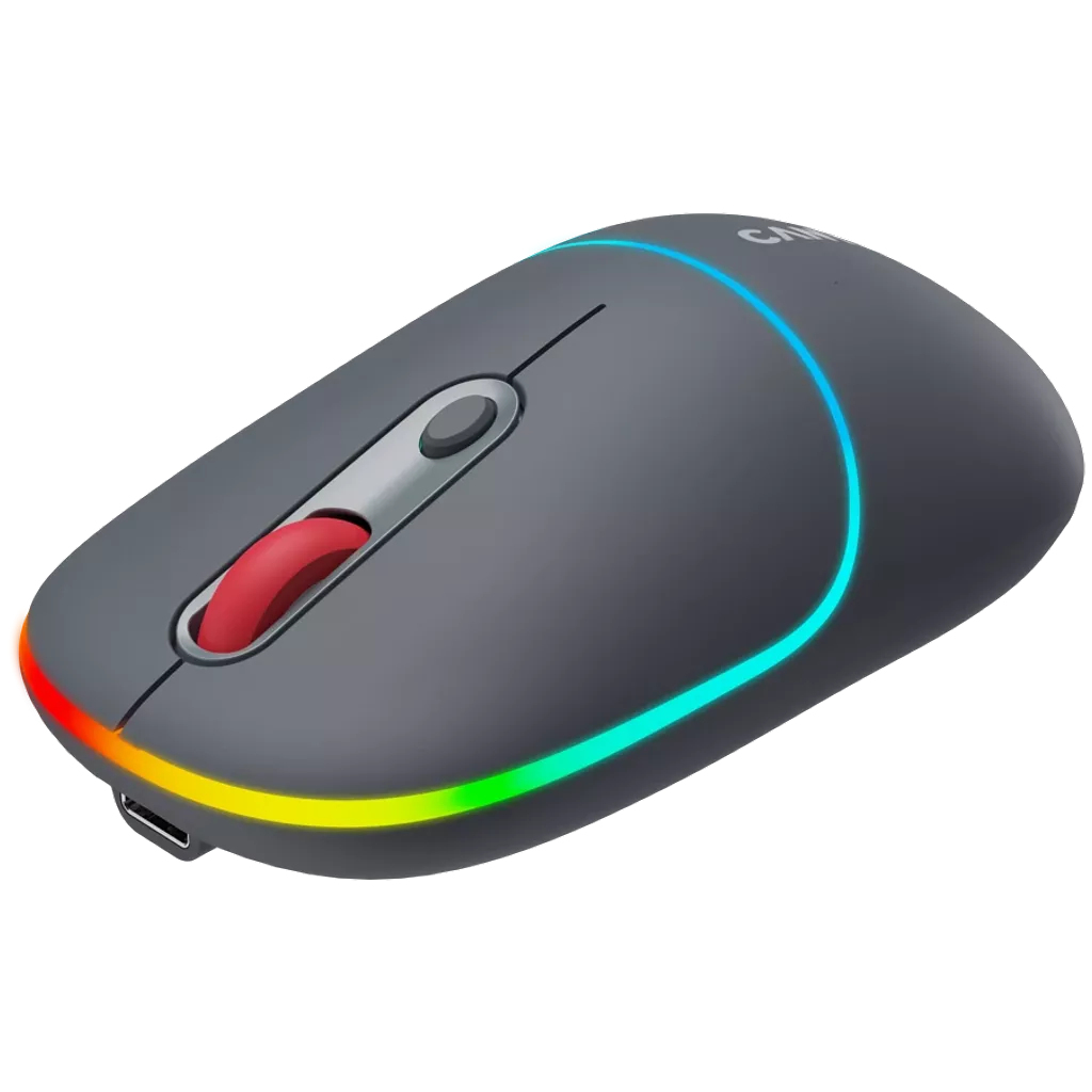 Une souris sans fil grise avec une molette rouge et une bande lumineuse colorée. Elle possède un port USB-C. Le fond est blanc.