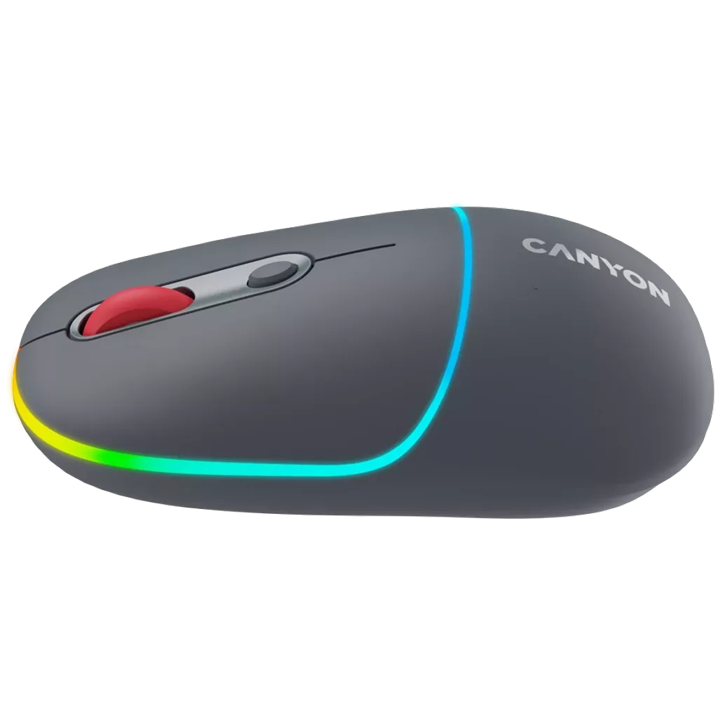 Une souris sans fil Canyon grise avec une molette rouge et des lumières LED bleues, vertes et jaunes.