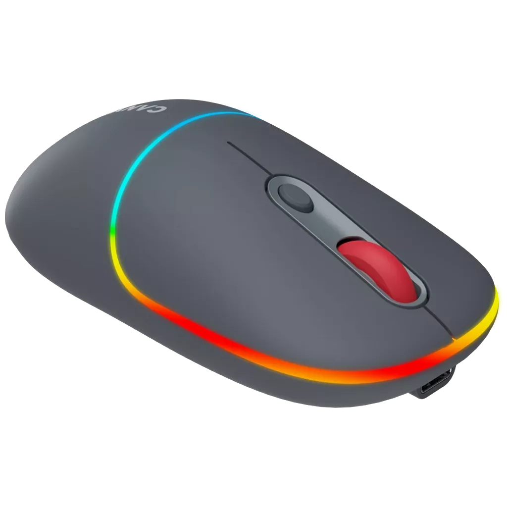 Une souris d'ordinateur grise avec une molette rouge et une bande lumineuse multicolore sur le bord.