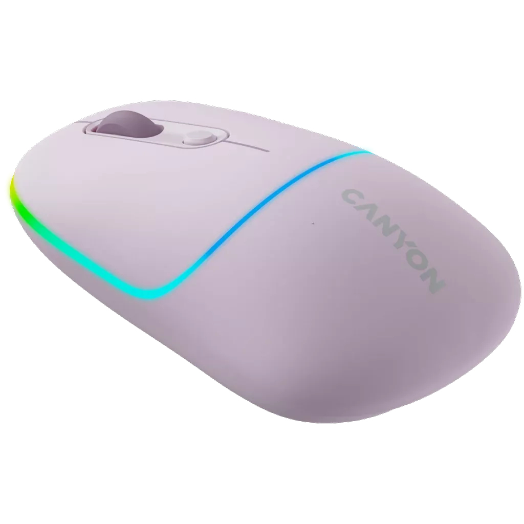 Jasnofioletowa bezprzewodowa mysz Canyon z wielokolorowym paskiem LED. Logo Canyon jest widoczne.
