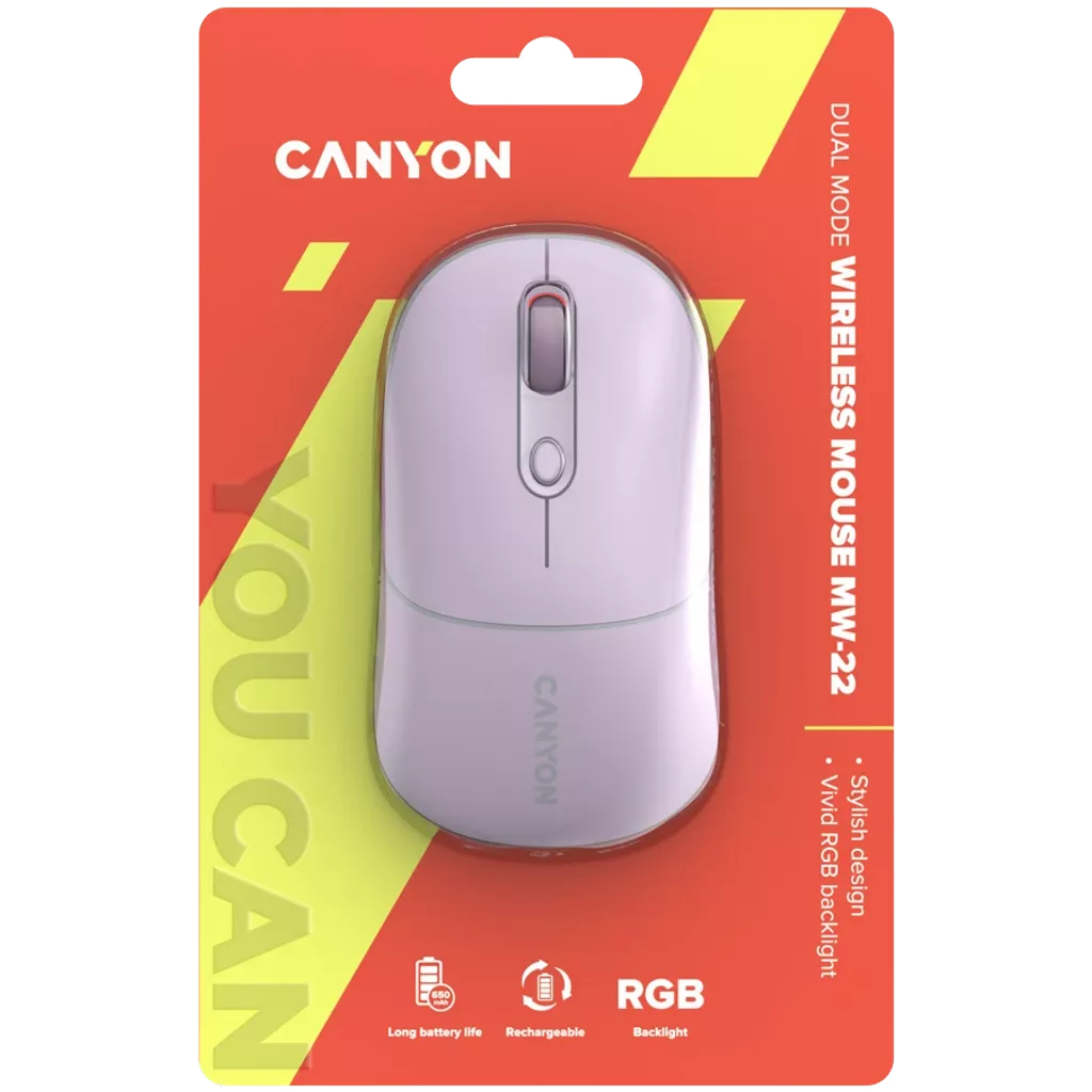Bezprzewodowa mysz Canyon, jasnofioletowa, na czerwono-żółtym opakowaniu. Ma stylowy design, podświetlenie RGB, długą żywotność baterii i jest ładowalna.