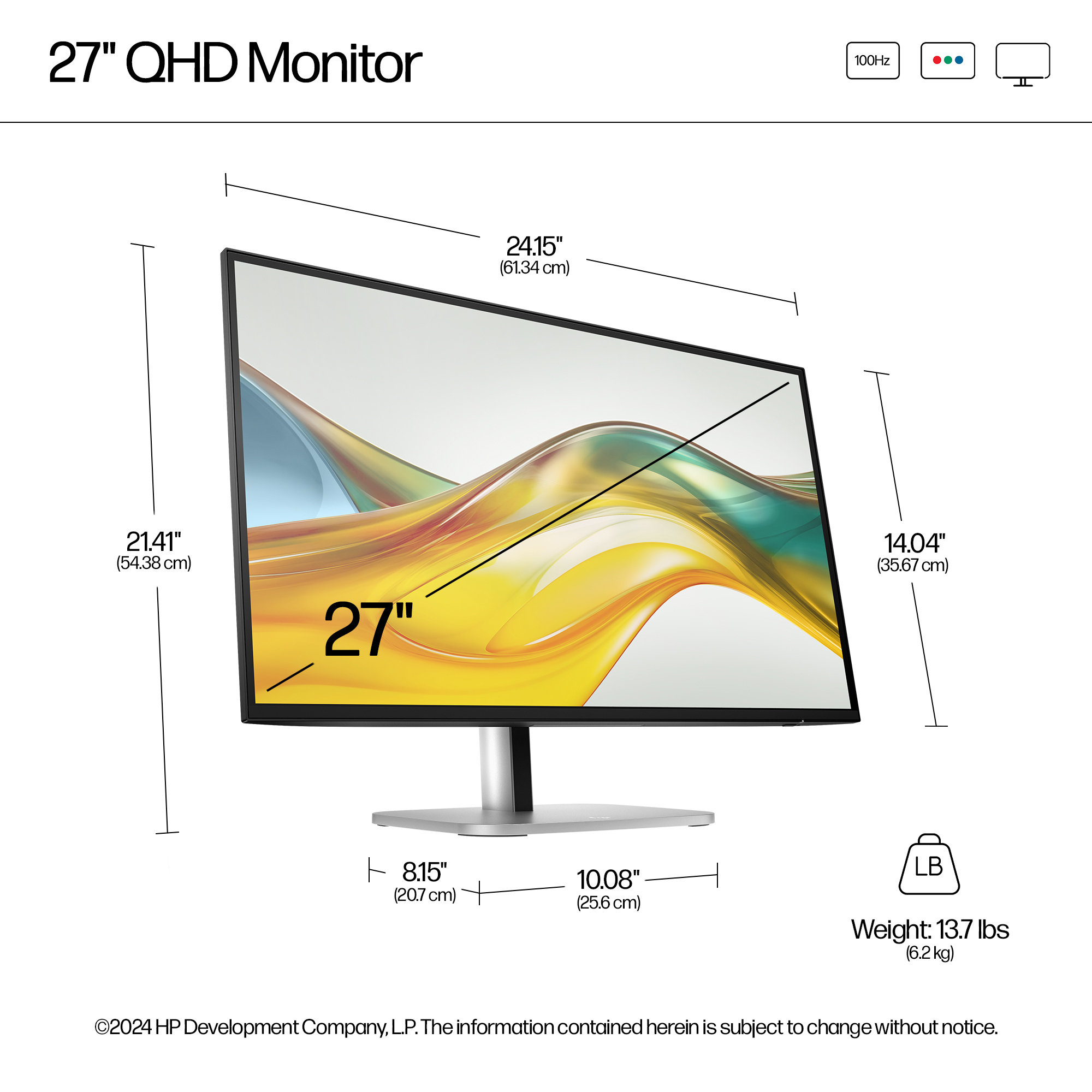 Un monitor QHD da 27" con dimensioni. Mostra un'immagine astratta colorata. Specifiche: peso e frequenza di aggiornamento.