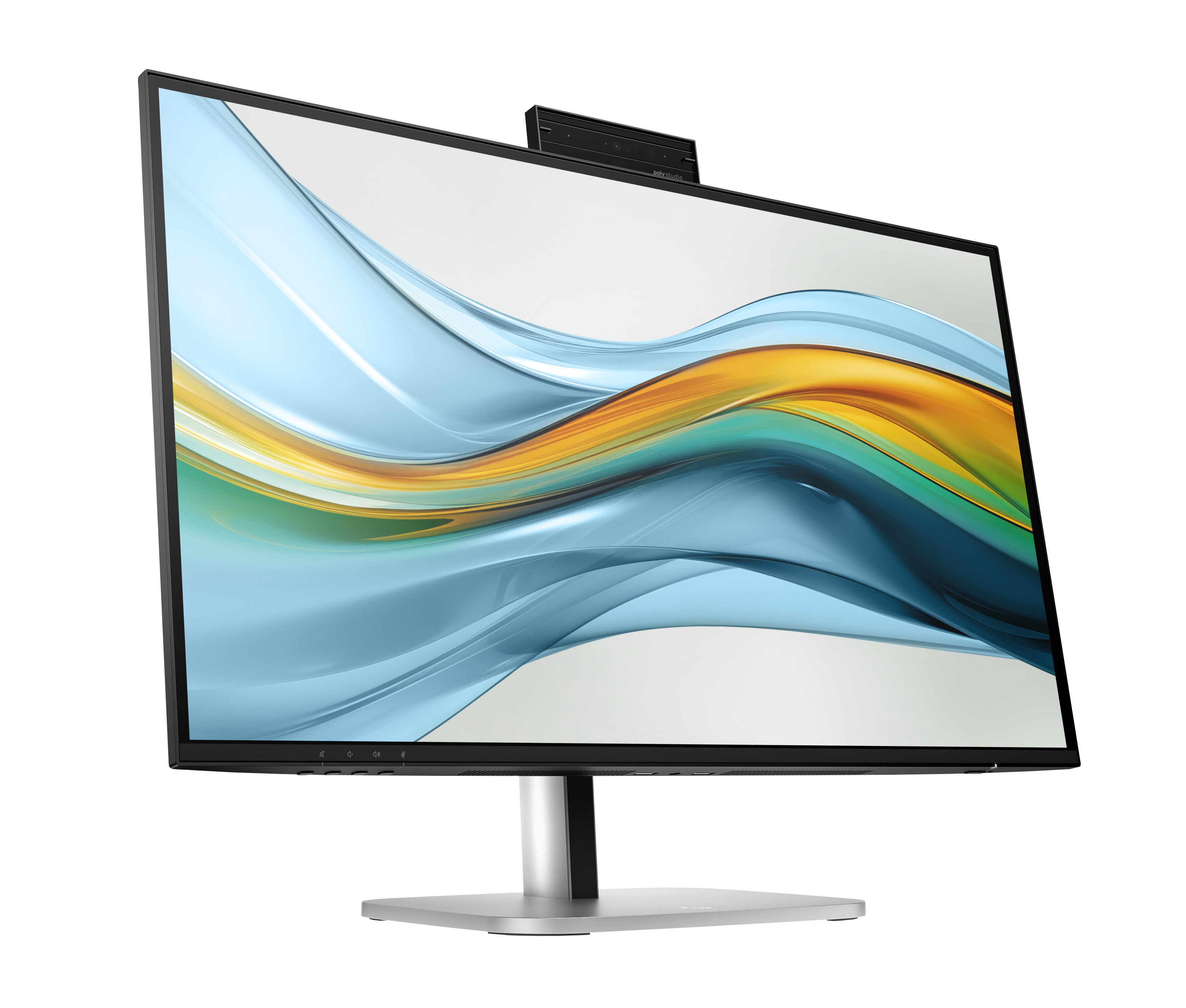 Un monitor del computer con webcam integrata. Lo schermo mostra un design astratto con colori blu, giallo e verde.