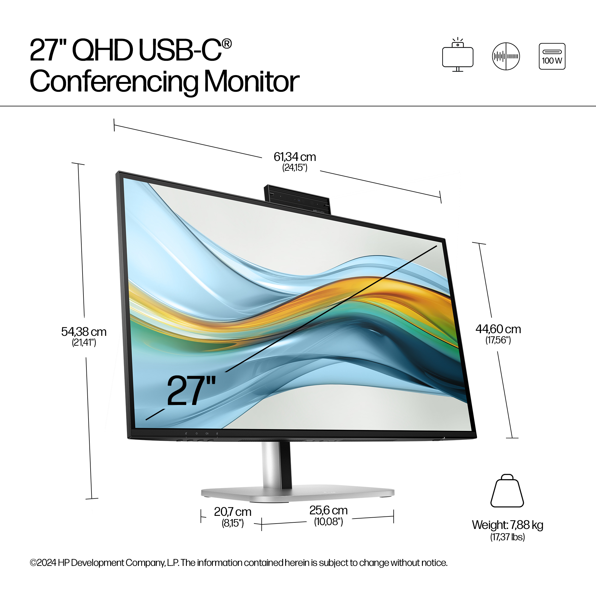 Un monitor di conferenza USB-C QHD da 27" con dimensioni e dettagli sul peso. Contiene una fotocamera e un supporto. Lo schermo mostra un design blu.