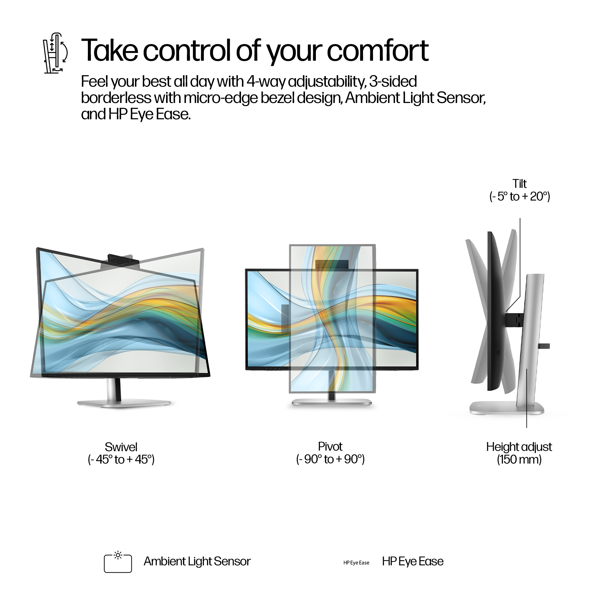 L'immagine mostra un monitor con funzionalità regolabili: inclinazione, rotazione, perno e regolazione dell'altezza. Testo: Prendi il controllo.