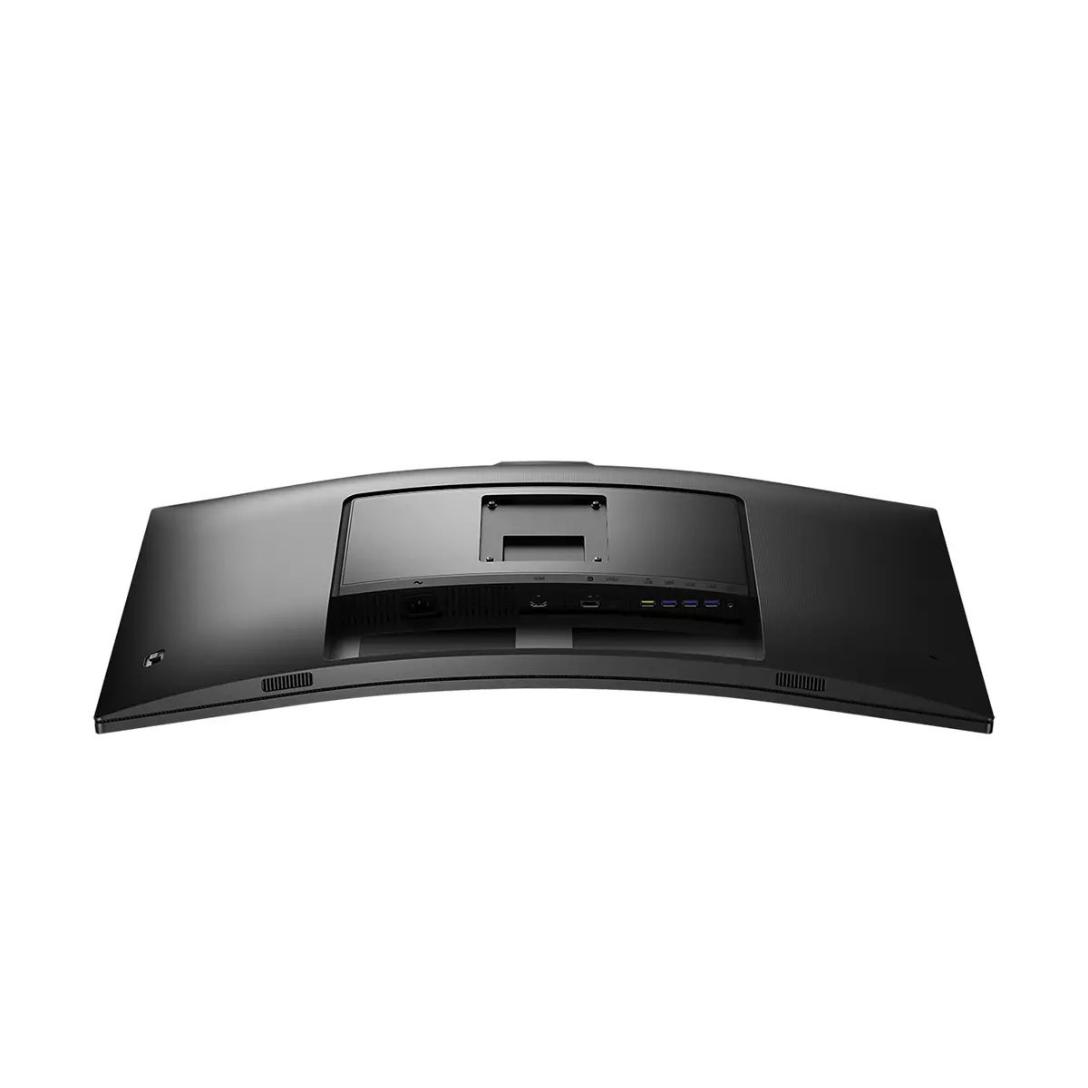 Rückseite eines gekrümmten schwarzen Computermonitors mit verschiedenen Anschlüssen und einem sichtbaren Stromanschluss. Der Hintergrund ist weiß.