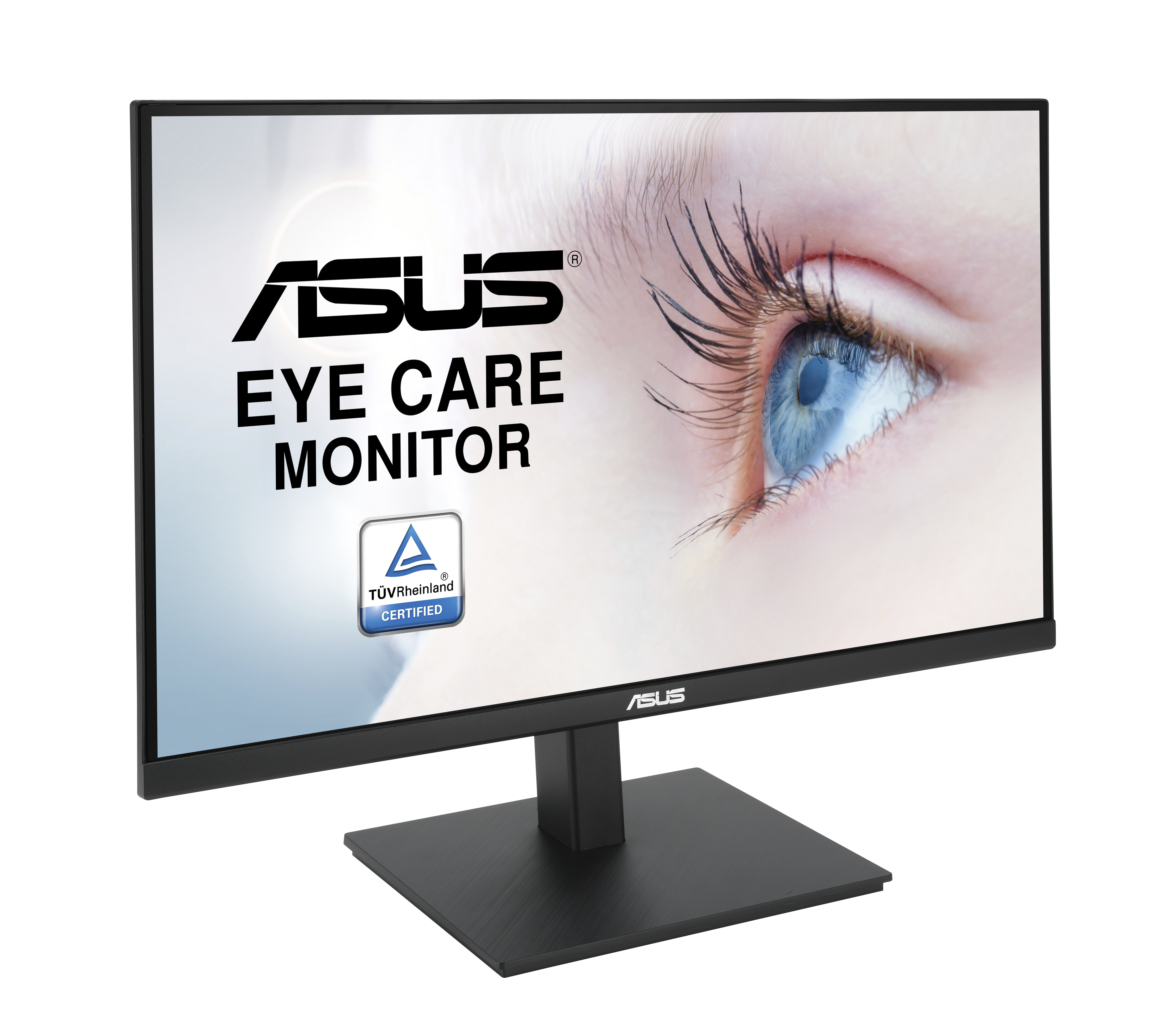 Monitor ASUS Eye Care. Wyświetlacz pokazuje oko. Czarna ramka i podstawa.