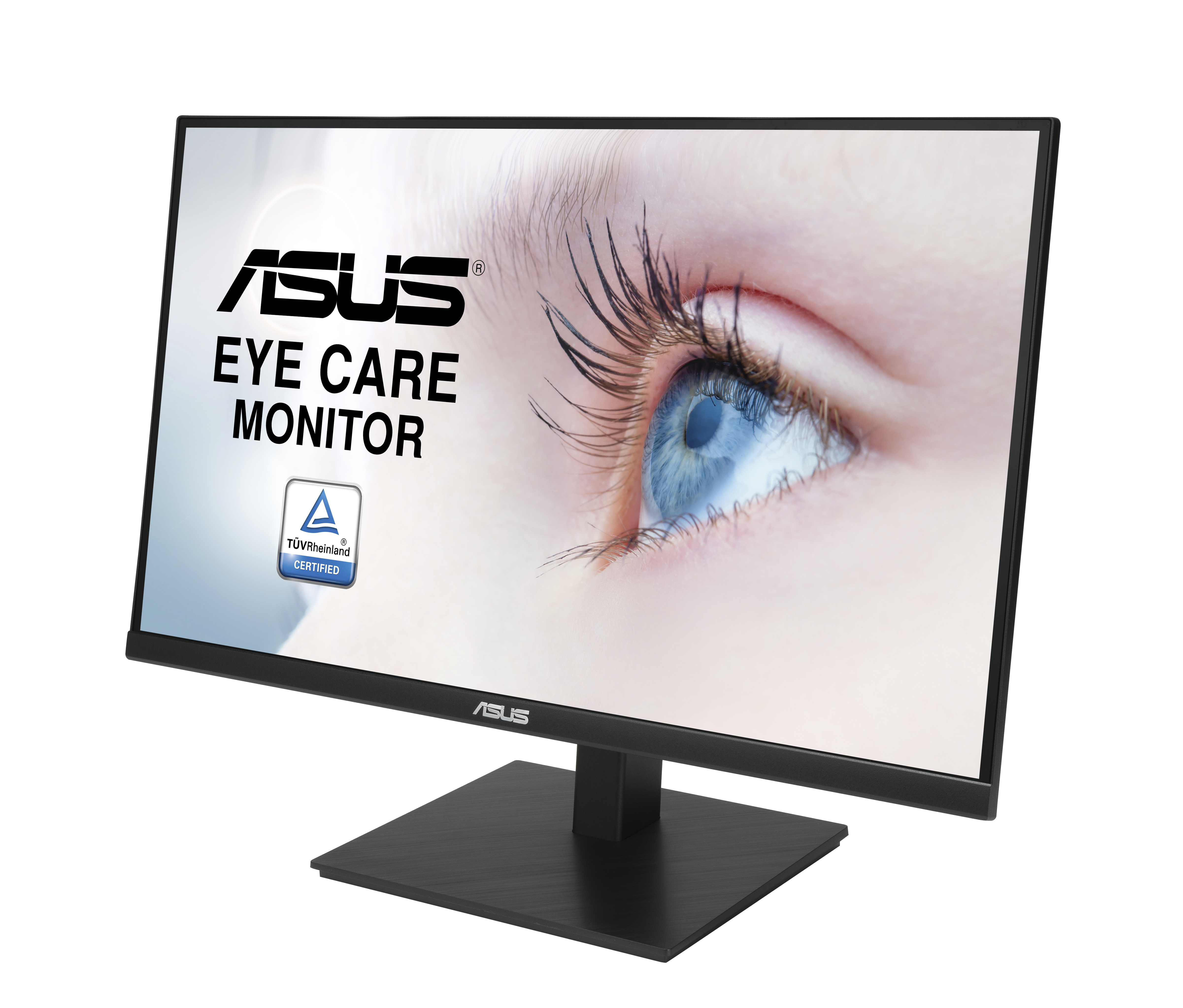 Monitor ASUS z zbliżeniem oka na ekranie. Ekran wyświetla 'Eye Care Monitor'. Monitor stoi na czarnym stojaku.
