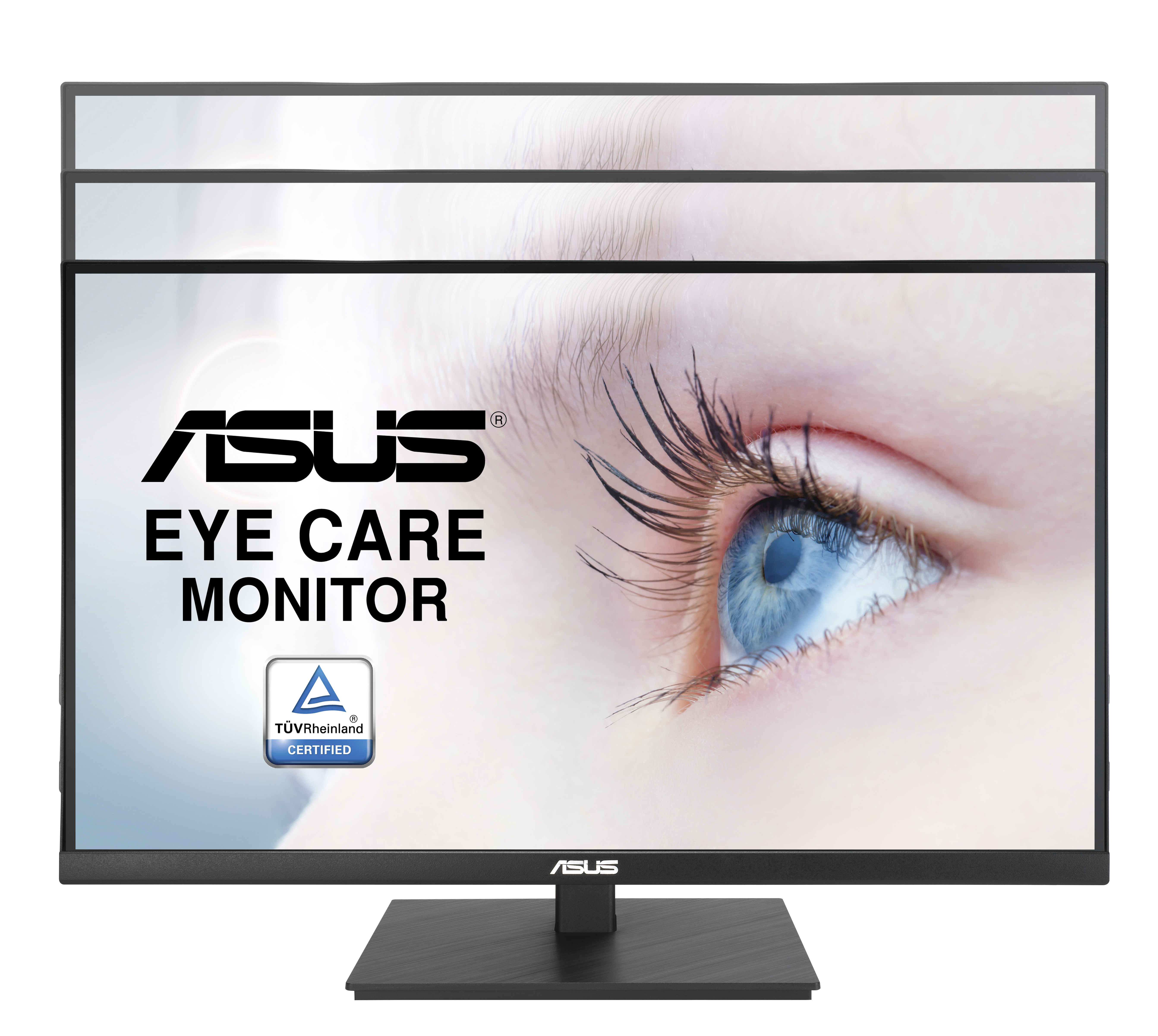 Monitor ASUS do pielęgnacji oczu wyświetlający zbliżenie niebieskiego oka. Ekran pokazuje logo ASUS i odznakę certyfikacji.