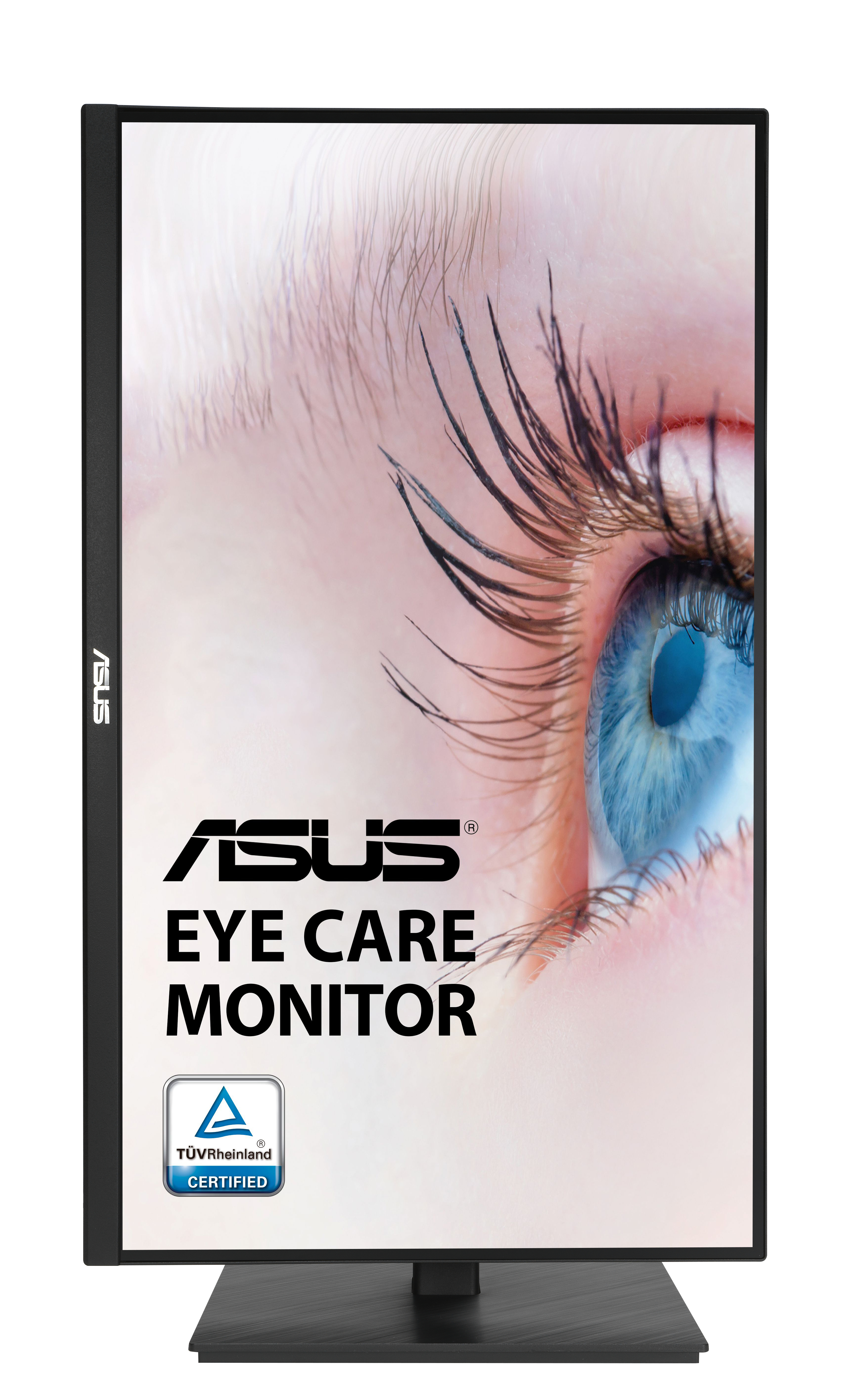 Monitor Asus Eye Care pokazuje zbliżenie niebieskiego oka z długimi rzęsami. Monitor ma czarną ramkę.