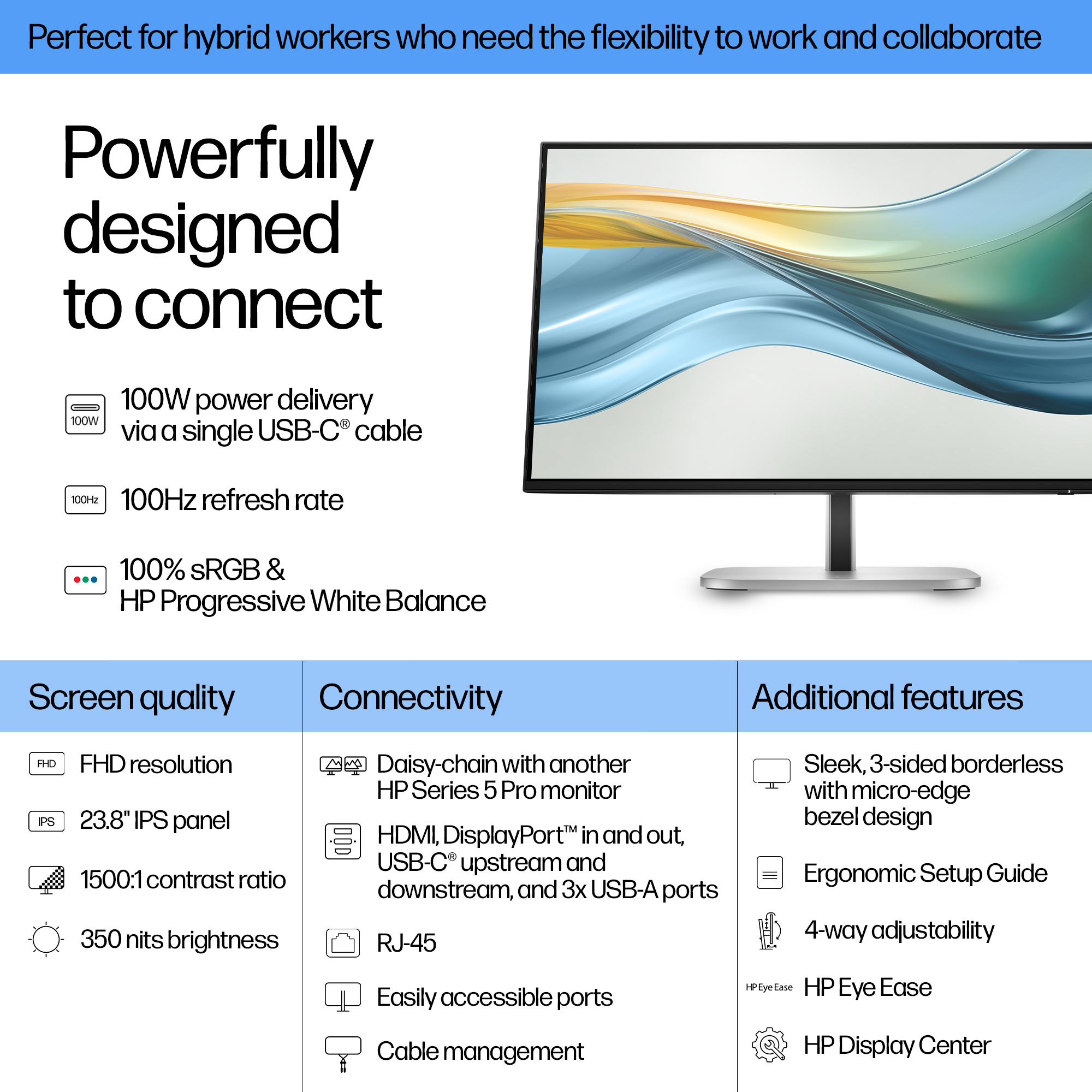 An HP monitor with a sleek design. It has various features like FHD resolution, USB-C, and ergonomic adjustability.