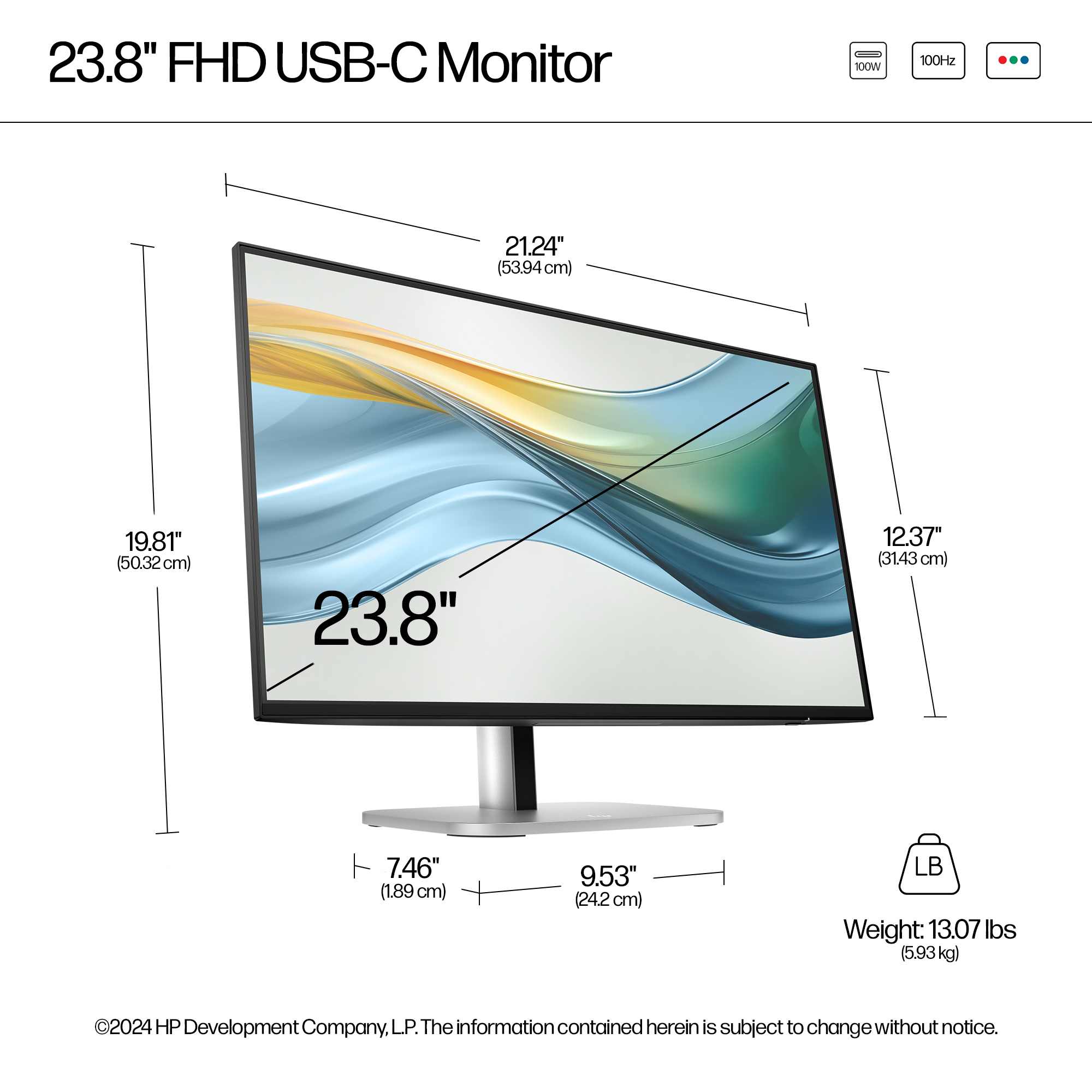 A 23.8" FHD USB-C monitor with dimensions and weight details. The screen shows a blurred abstract design.