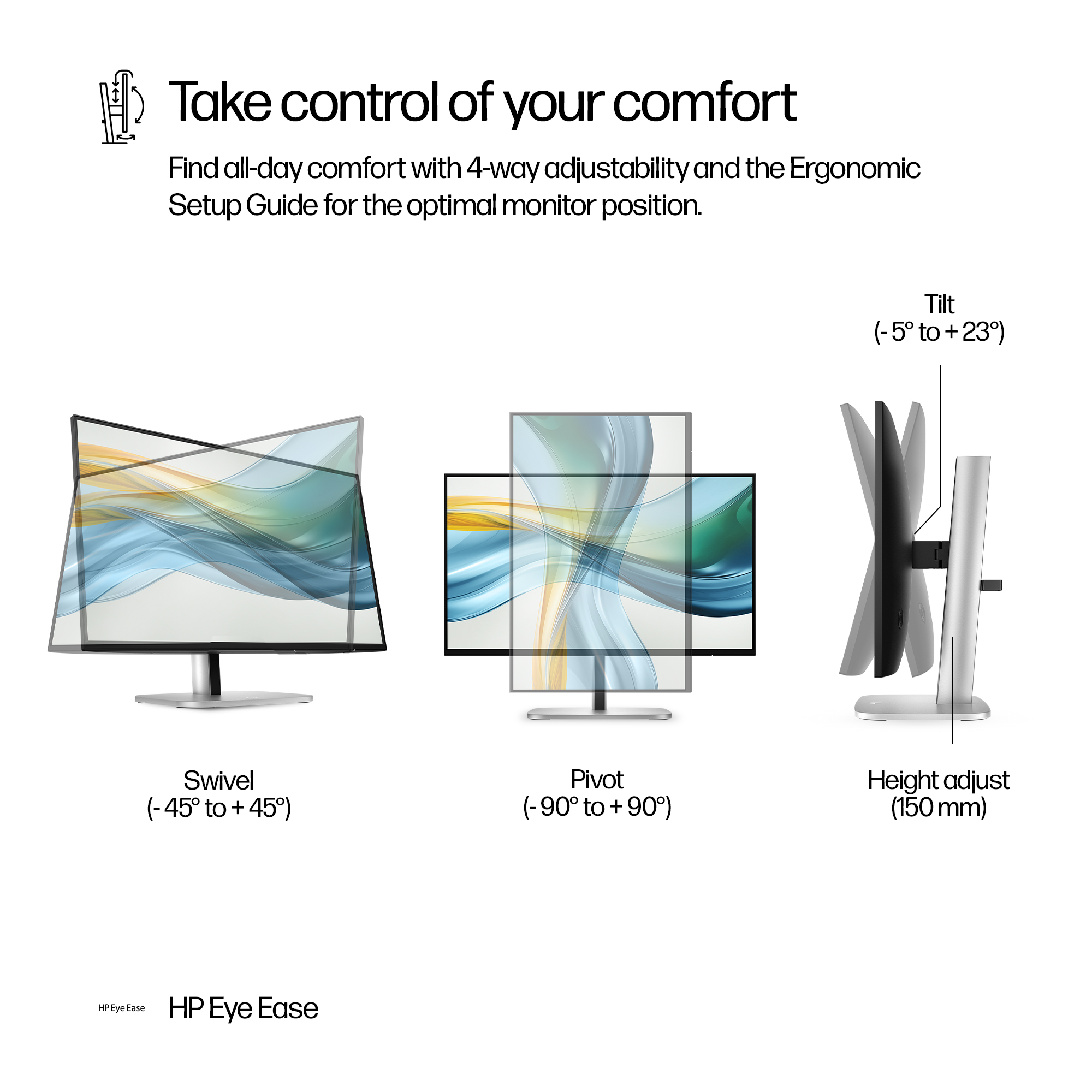 Image shows a monitor with adjustable features: tilt, swivel, pivot, and height adjustment. Text promotes ergonomic comfort.