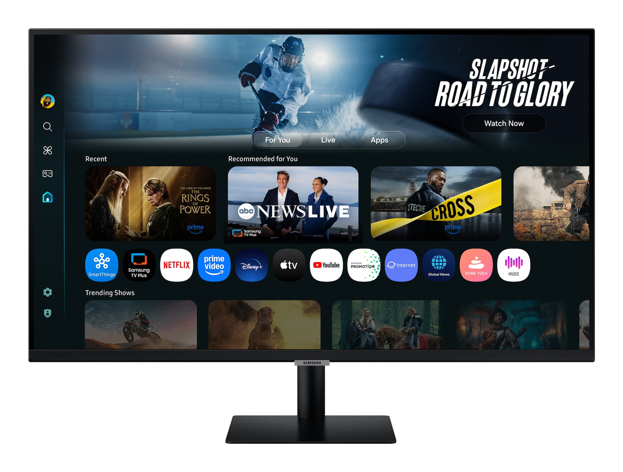 Een Samsung tv-scherm met een hockeyspel en app-iconen. Inclusief Netflix, Prime Video, Disney+ en YouTube.