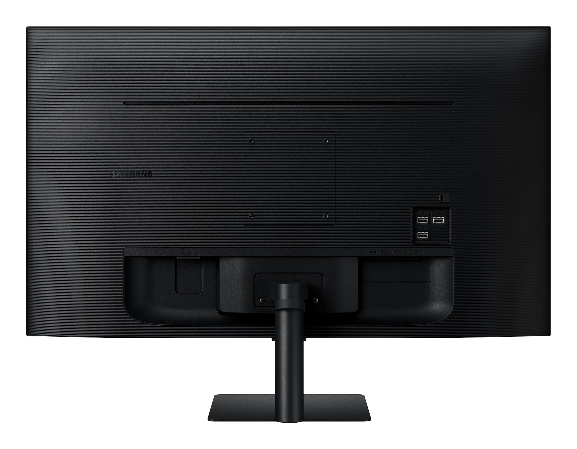 Achterkant van een zwarte Samsung monitor. Het heeft een standaard, poorten en de merknaam. Het oppervlak heeft een textuurpatroon.