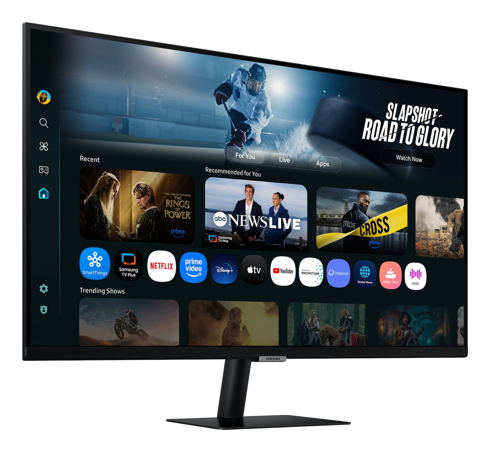 Een zwarte monitor toont een hockeywedstrijd, apps en showaanbevelingen. Een hockeyspeler is in actie. Het scherm heeft het Samsung-logo.