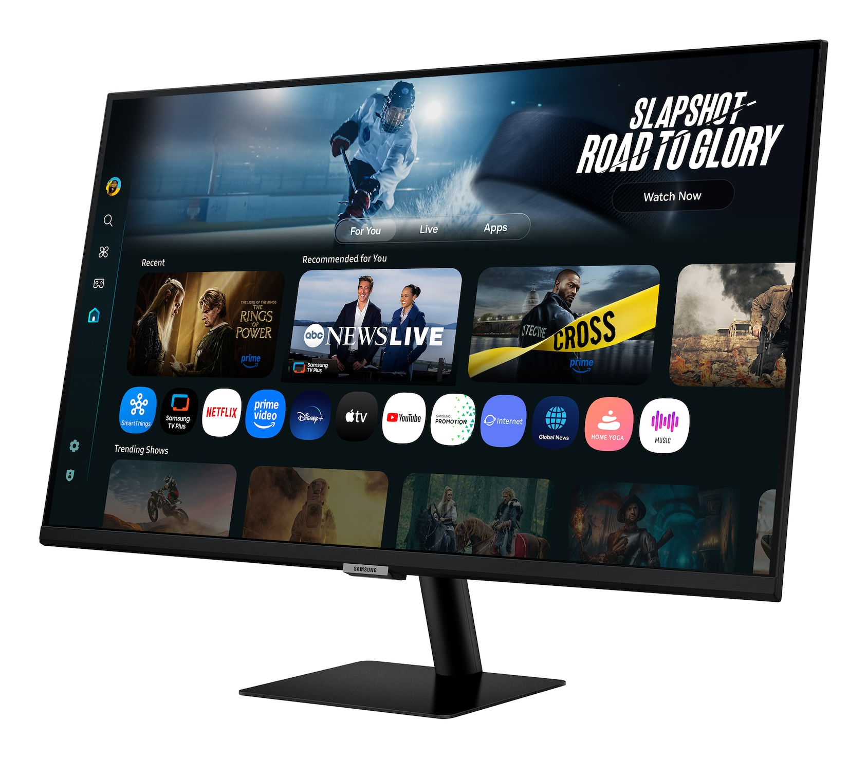Een zwarte Samsung-monitor toont een sportstreaming-interface met hockeyafbeeldingen en app-iconen.