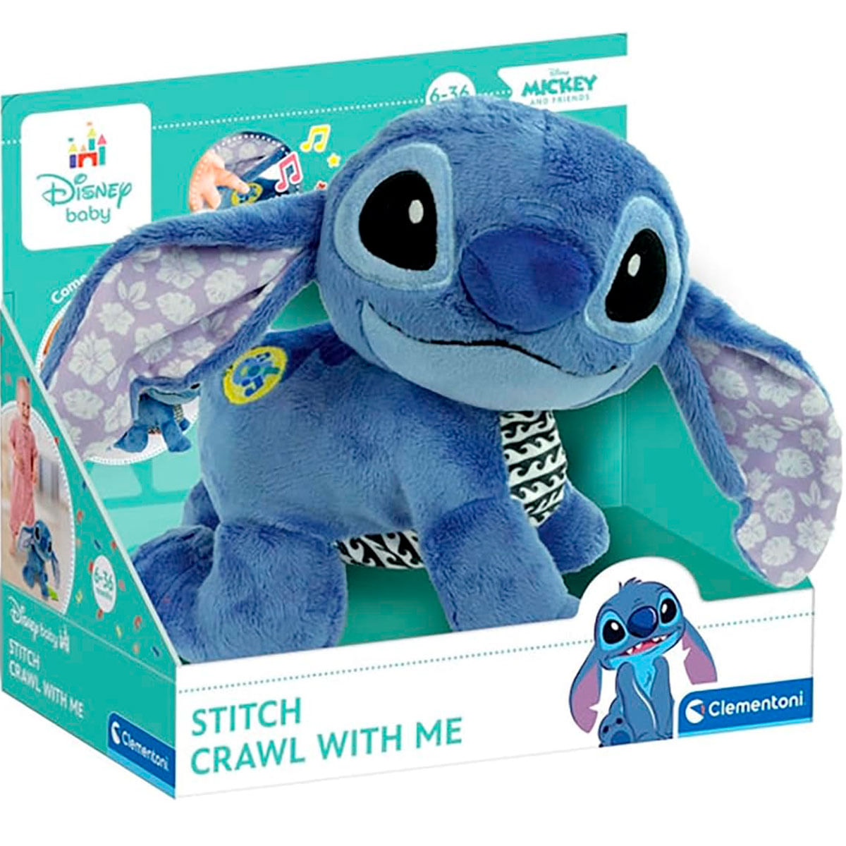 Niebieska pluszowa zabawka Stitch w pudełku. Na pudełku napis 'Stitch Crawl With Me' i logo Disney Baby.