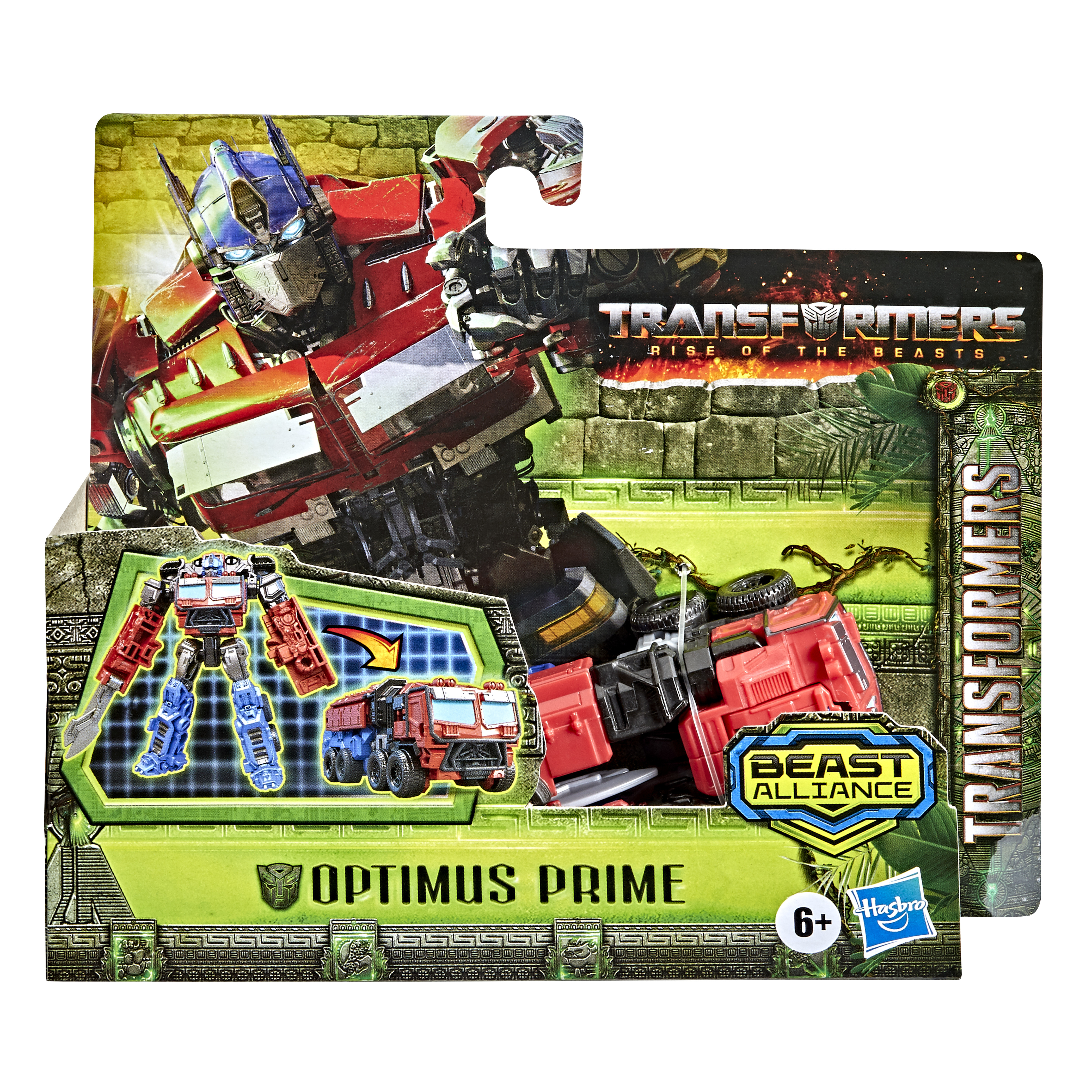 Opakowanie zabawki Optimus Prime. Pokazuje robota w obu formach i napis "Transformers: Rise of the Beasts".