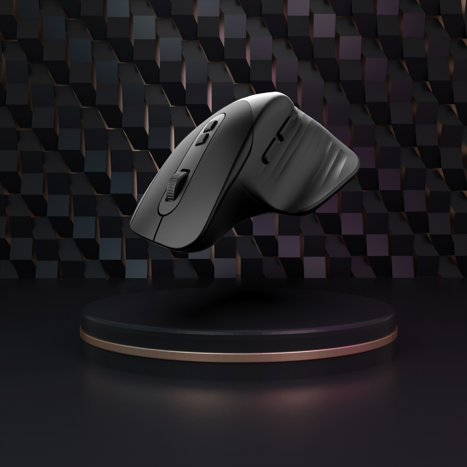 A black wireless mouse floats above a black podium with a gold trim. The background features a textured wall of dark cubes.