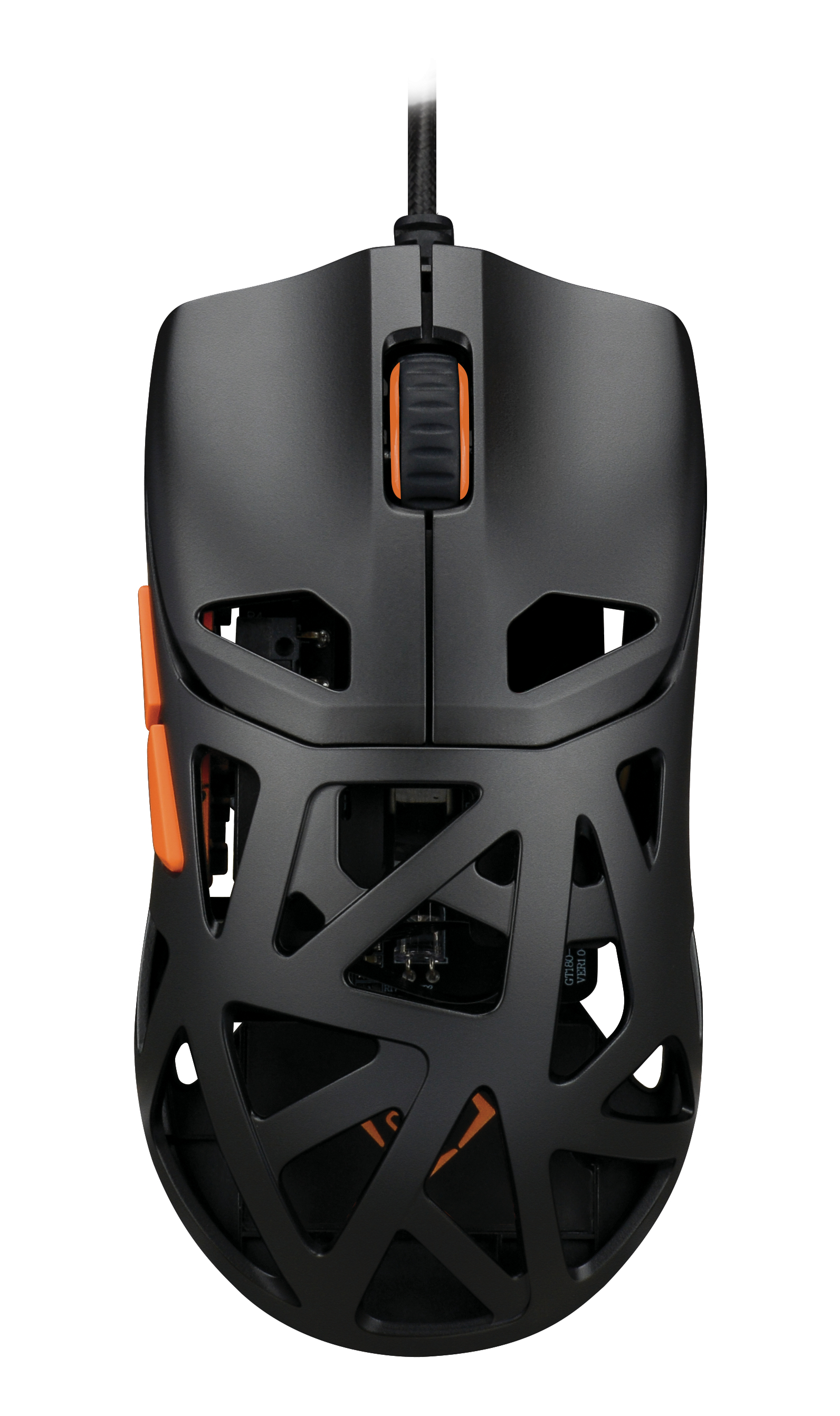 Un mouse da gioco nero con rotella e pulsanti laterali arancioni. Il design presenta un motivo geometrico e un cavo collegato.