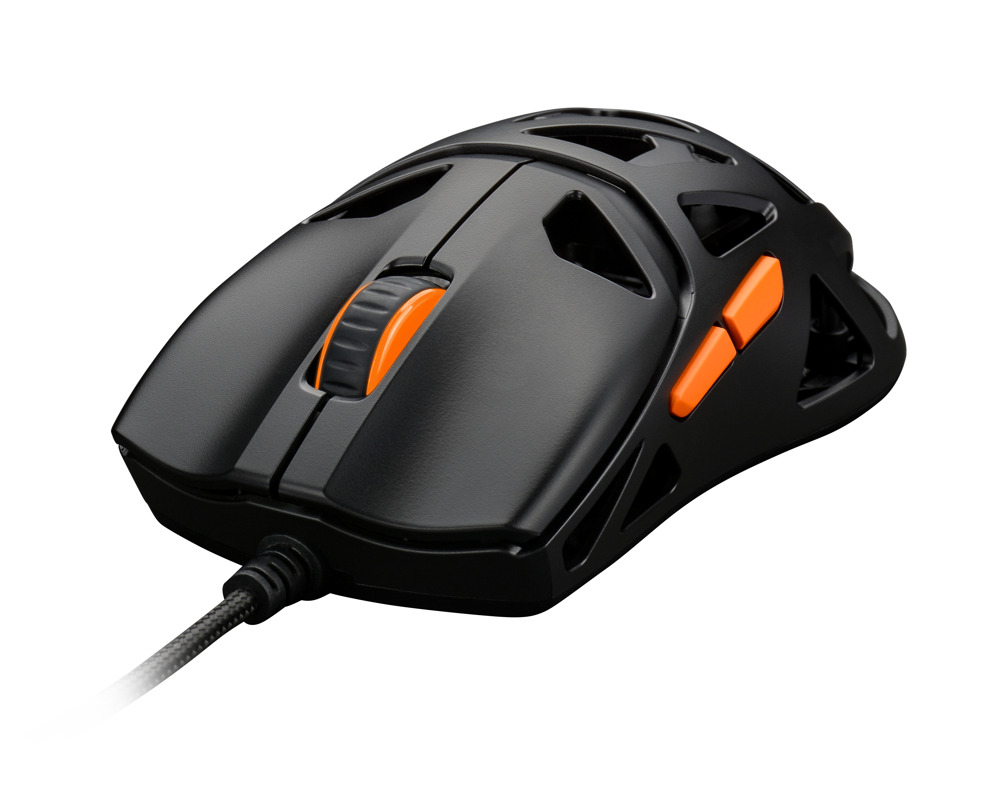 Mouse da gioco nero con dettagli arancioni. Presenta rotella e pulsanti laterali. Connessione cablata.