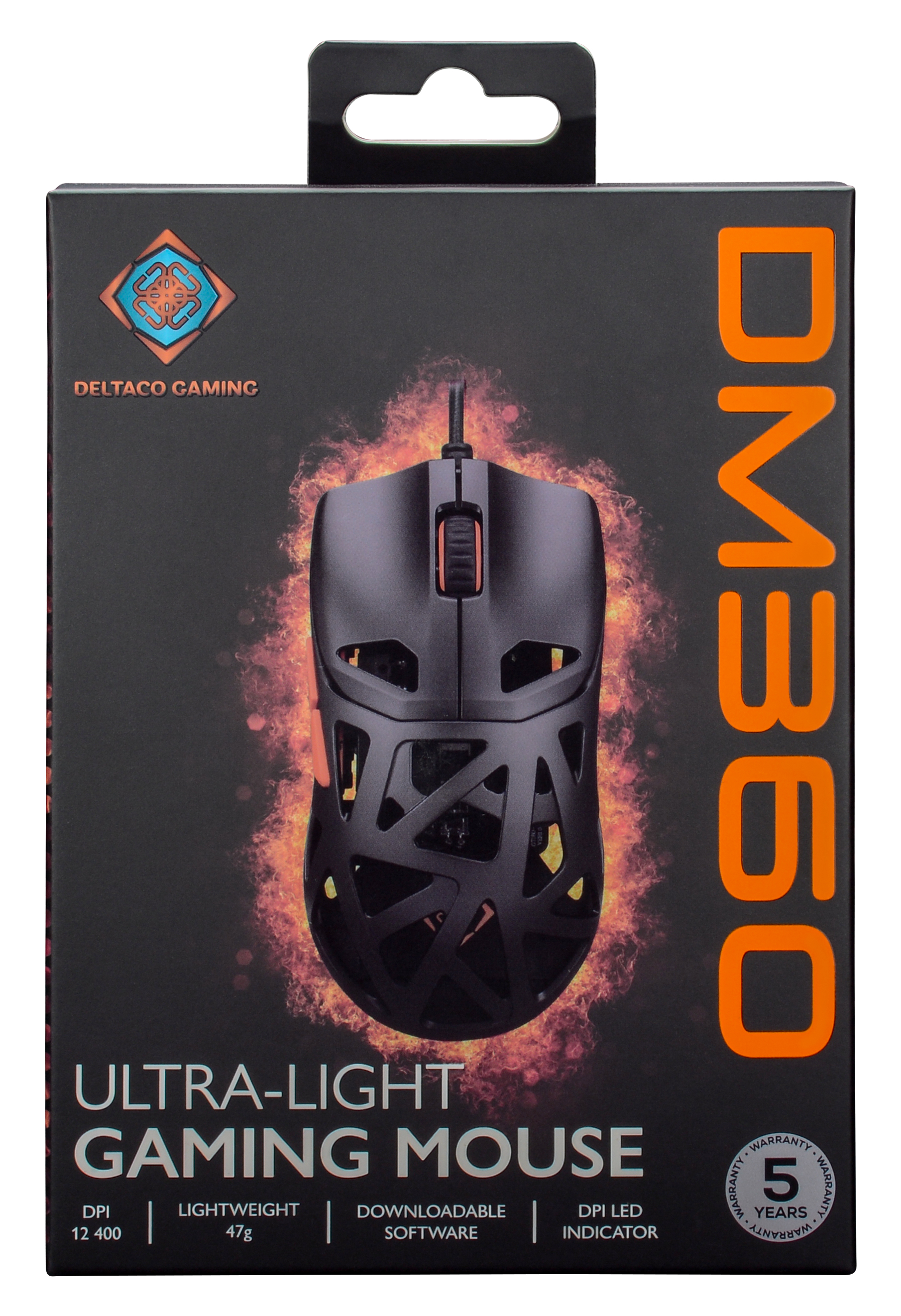 Un mouse da gaming nero su una scatola con la scritta 'DM360' e 'ULTRA-LIGHT GAMING MOUSE'.