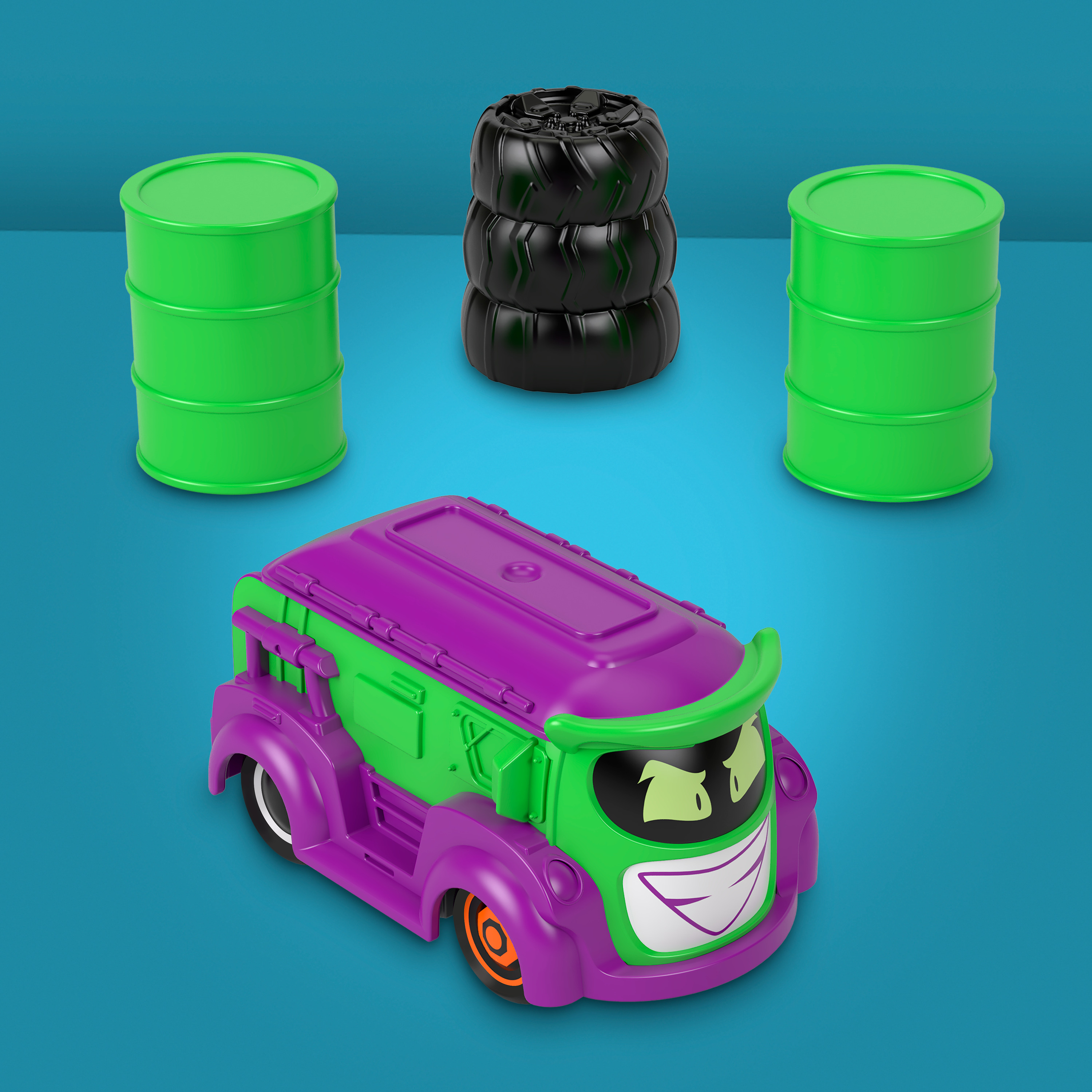Un camión de juguete con colores morado y verde. Tres neumáticos negros apilados. Dos barriles verdes a un lado.