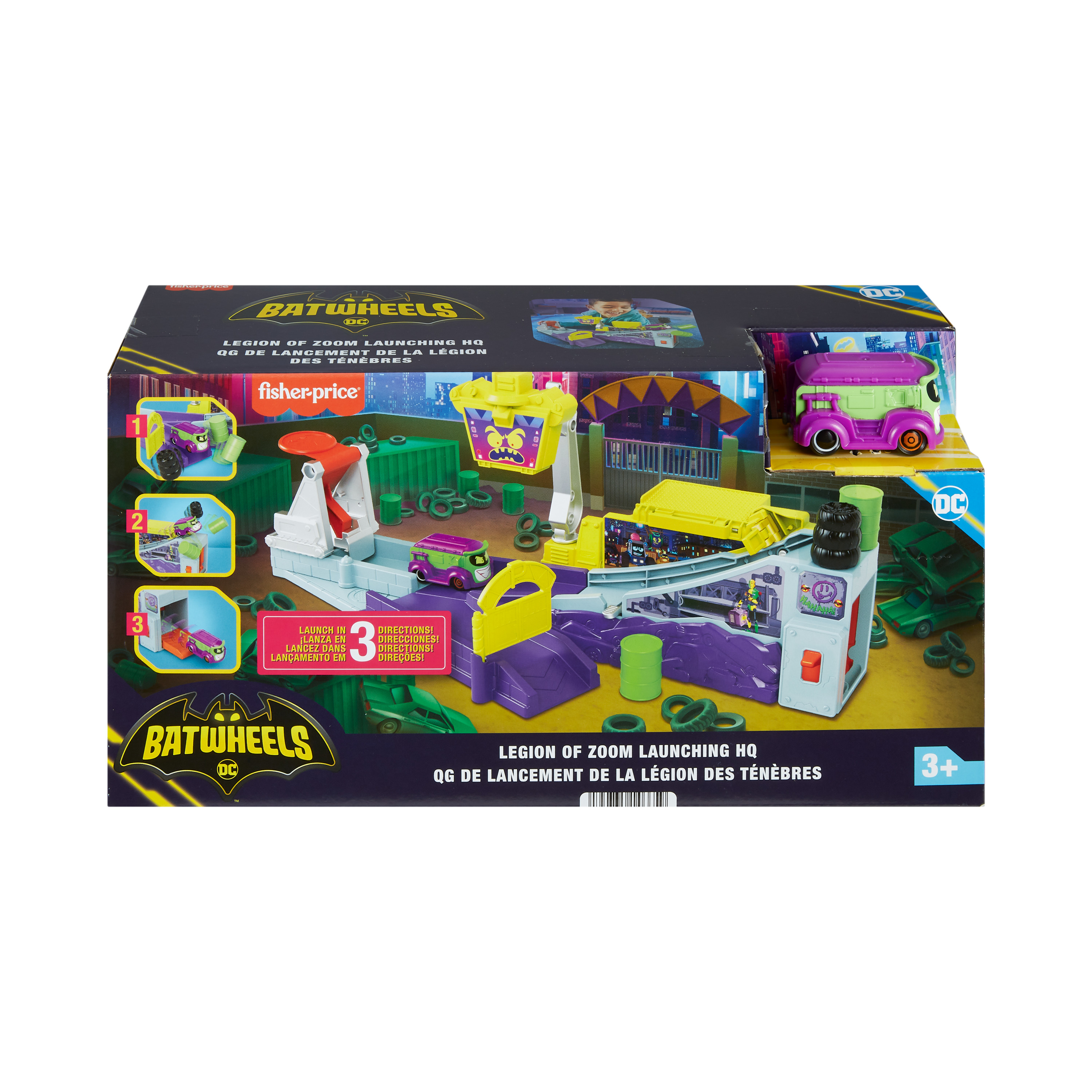 Juego de juguetes Batwheels en caja. Cuenta con un coche morado y verde, zona de lanzamiento y otros coches de juguete.