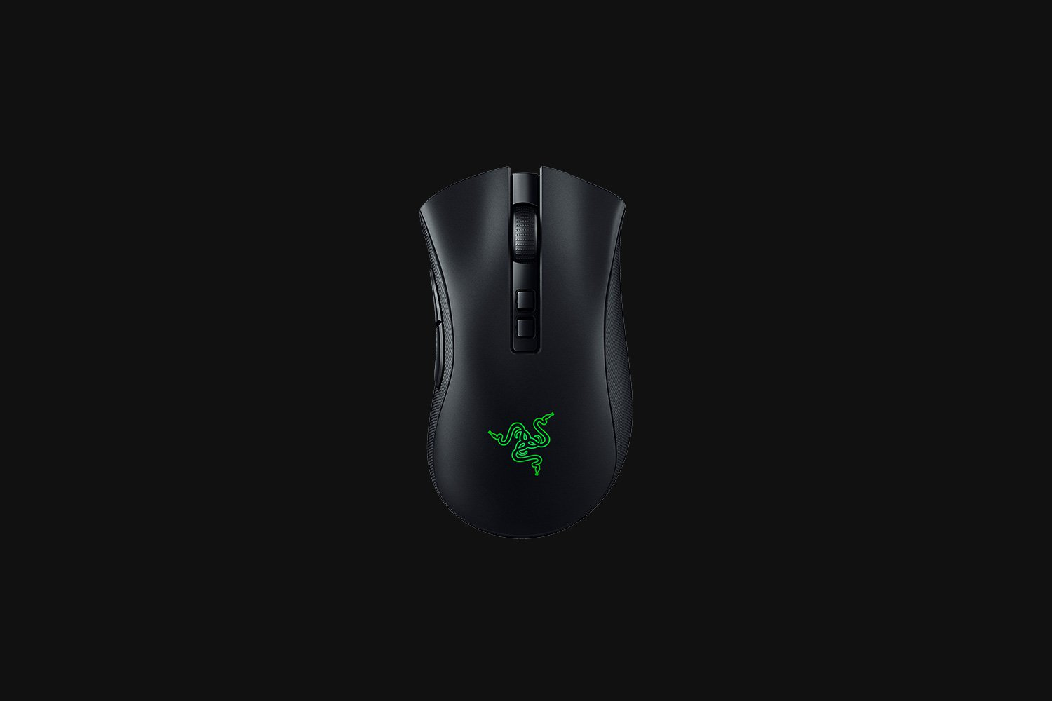 Czarna mysz gamingowa Razer na czarnym tle. Logo Razer jest zielone. Mysz ma kółko i przyciski.