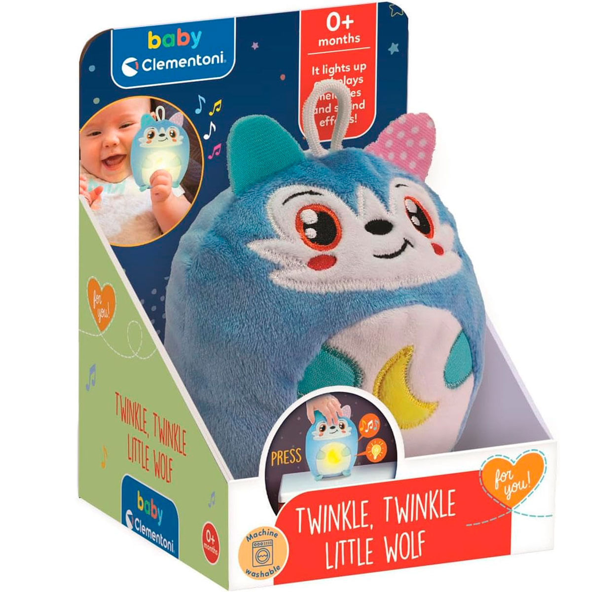 Niebieska pluszowa zabawka w kształcie wilka w pudełku, dla niemowląt. Zawiera żółty księżyc i zdjęcie dziecka. Tekst: Twinkle Twinkle Little Wolf.