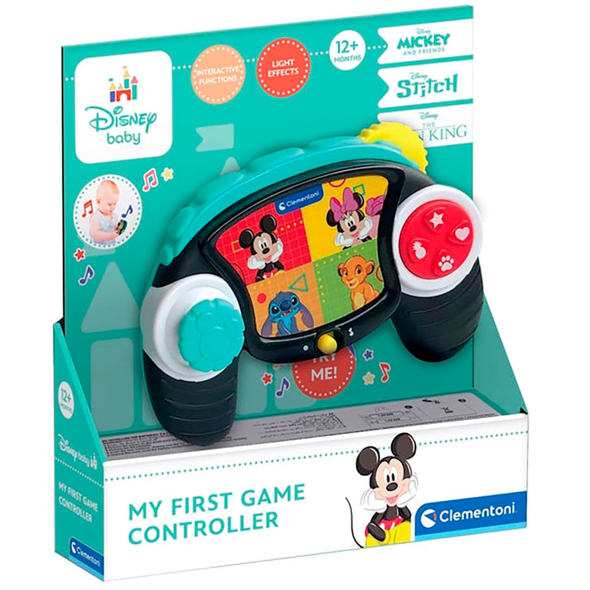 Kontroler do gier Disney dla dzieci w pudełku. Zawiera Myszke Miki, Minnie, Stich i Simbę, z interaktywnymi funkcjami i efektami świetlnymi.