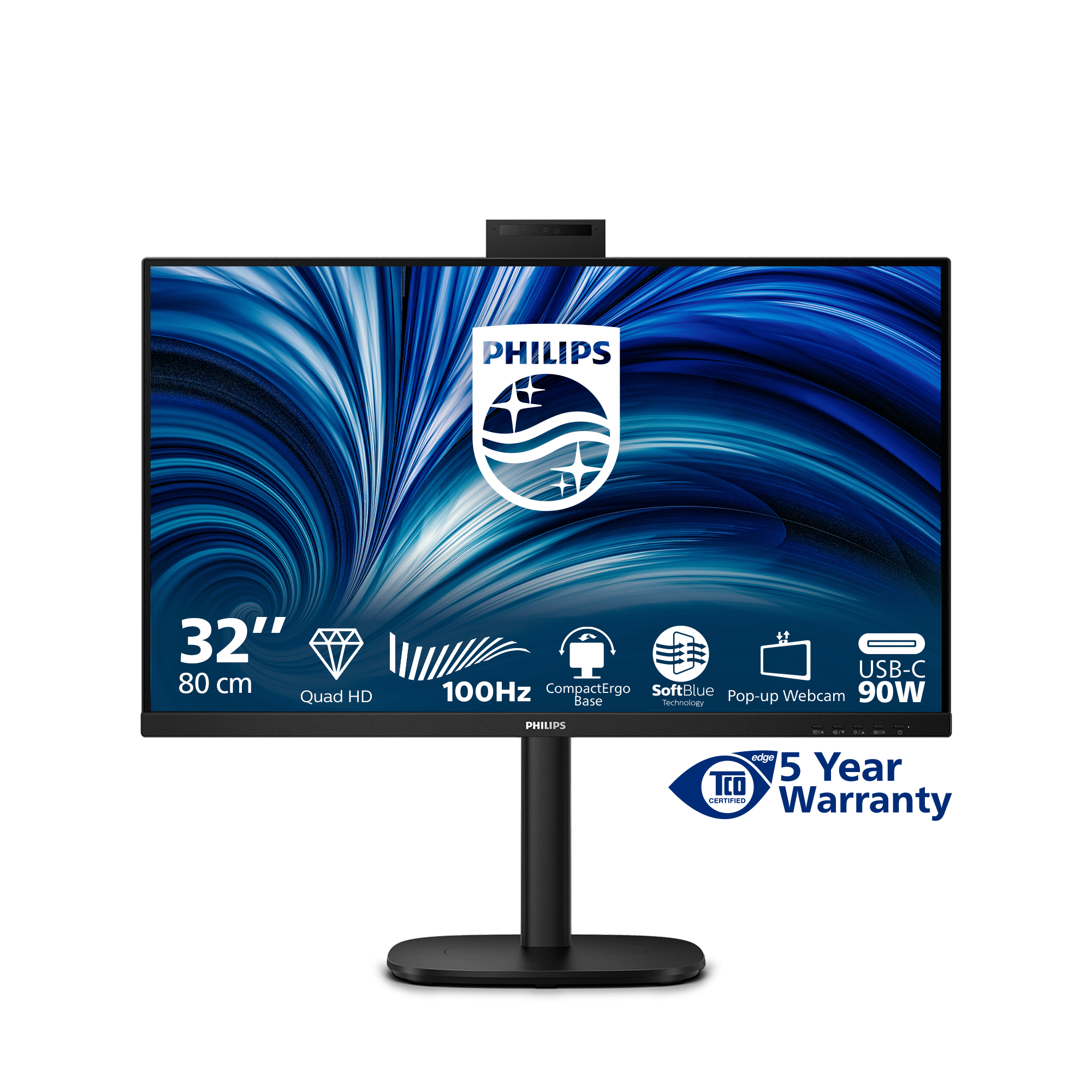 Monitor Philips 32 cali na czarnym stojaku. Posiada Quad HD, 100Hz, USB-C i wysuwaną kamerę internetową. Ma 5-letnią gwarancję.