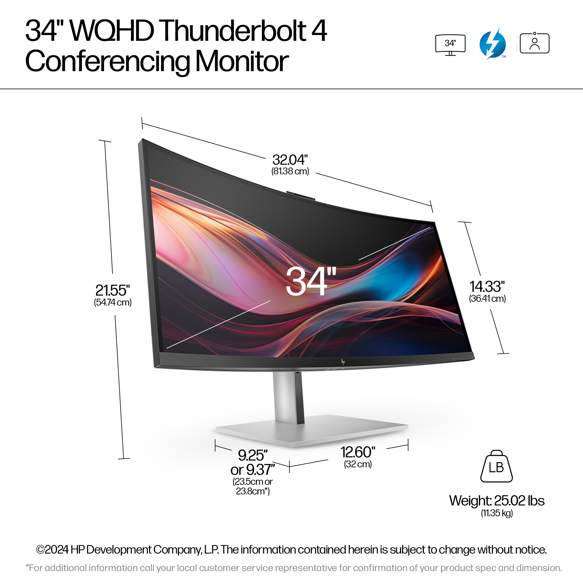 Een 34-inch gebogen monitor met gelabelde afmetingen, gewicht en Thunderbolt 4-conferentiefuncties, met het HP-logo.