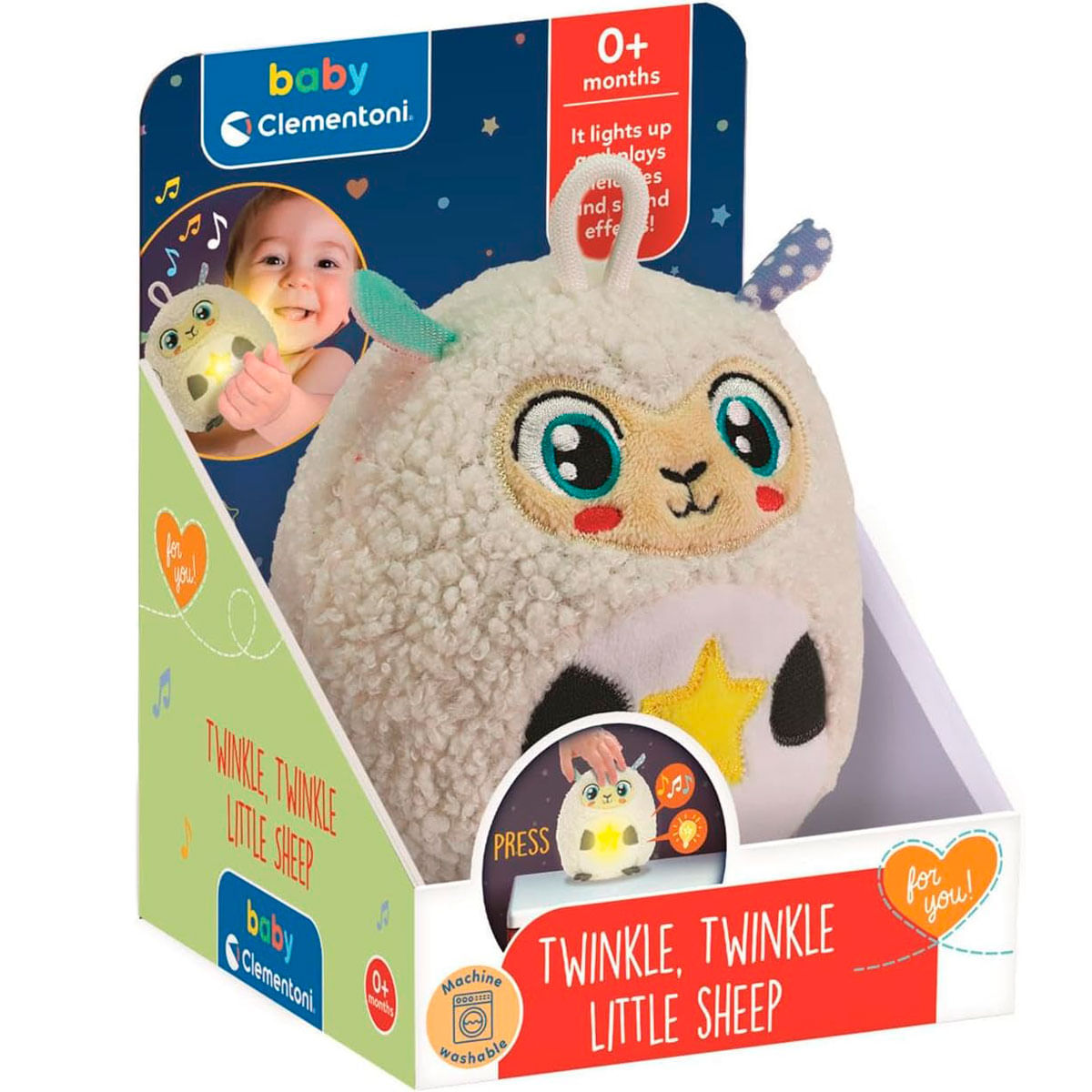 Pluszowa owca w pudełku. Pudełko zawiera tekst i zdjęcie dziecka. Zabawka ma gwiazdę i cechy owcy.