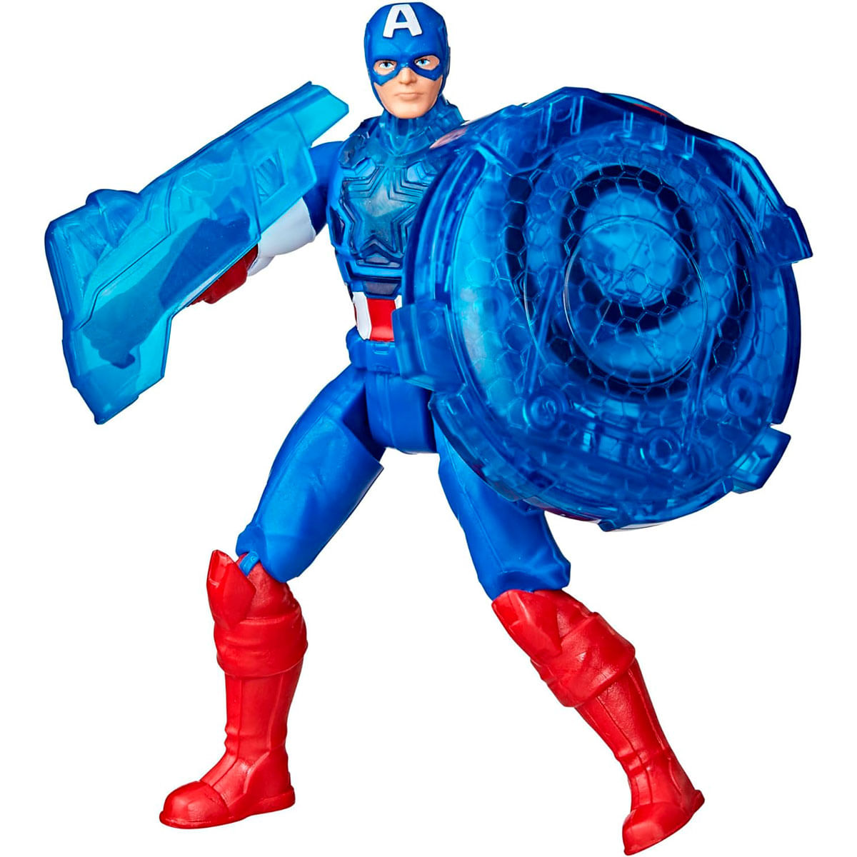 Figurka Kapitana Ameryki w dynamicznej pozie, trzymająca niebieską tarczę i osłonę ramienia, w niebieskim kostiumie, czerwonych butach i niebieskim hełmie.